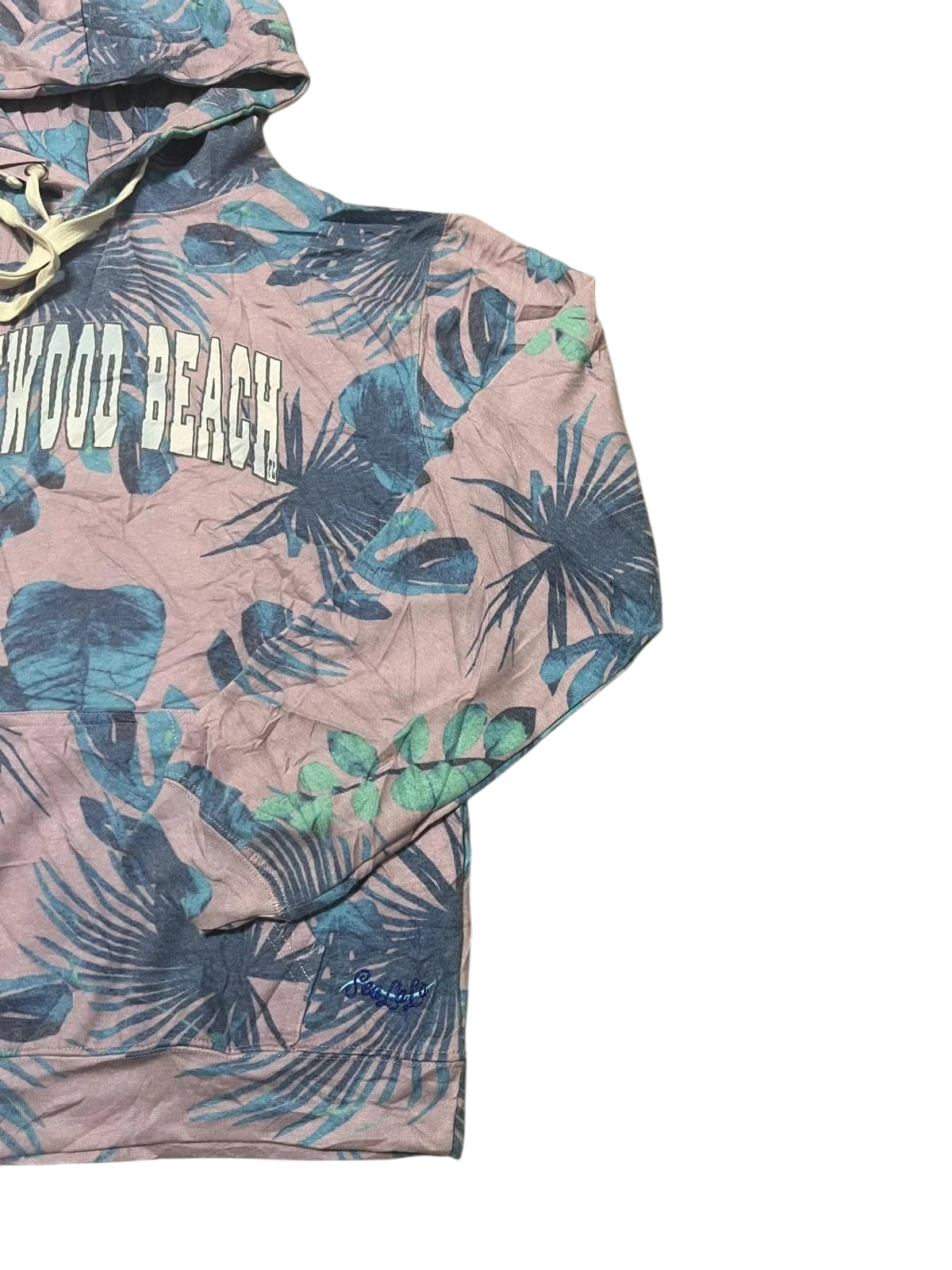 Premier Vintage Hollywood Beach tropical print hoodie with palm leaves in pink, blue, and green. Relaxed fit, drawstring hood.