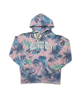 Premier Vintage Hollywood Beach tropical print hoodie with pink, blue, and green palm leaves. Features drawstring hood and relaxed fit.