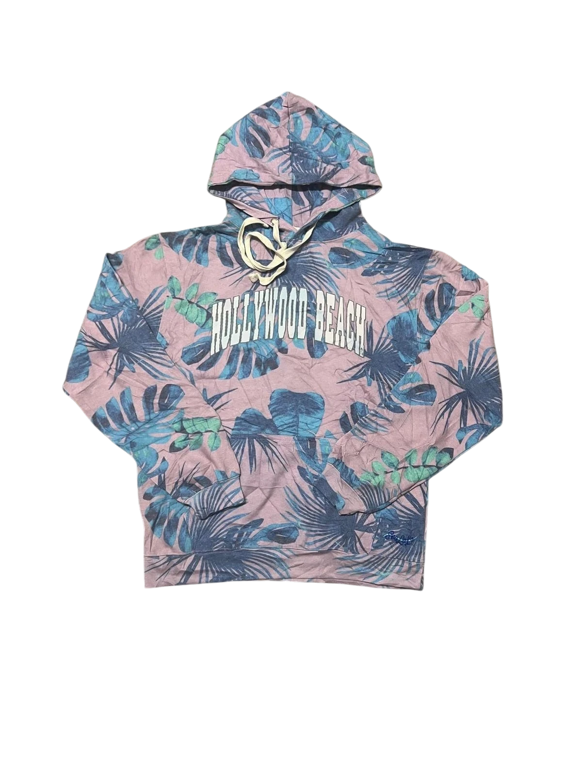Premier Vintage Hollywood Beach tropical print hoodie with pink, blue, and green palm leaves. Features drawstring hood and relaxed fit.