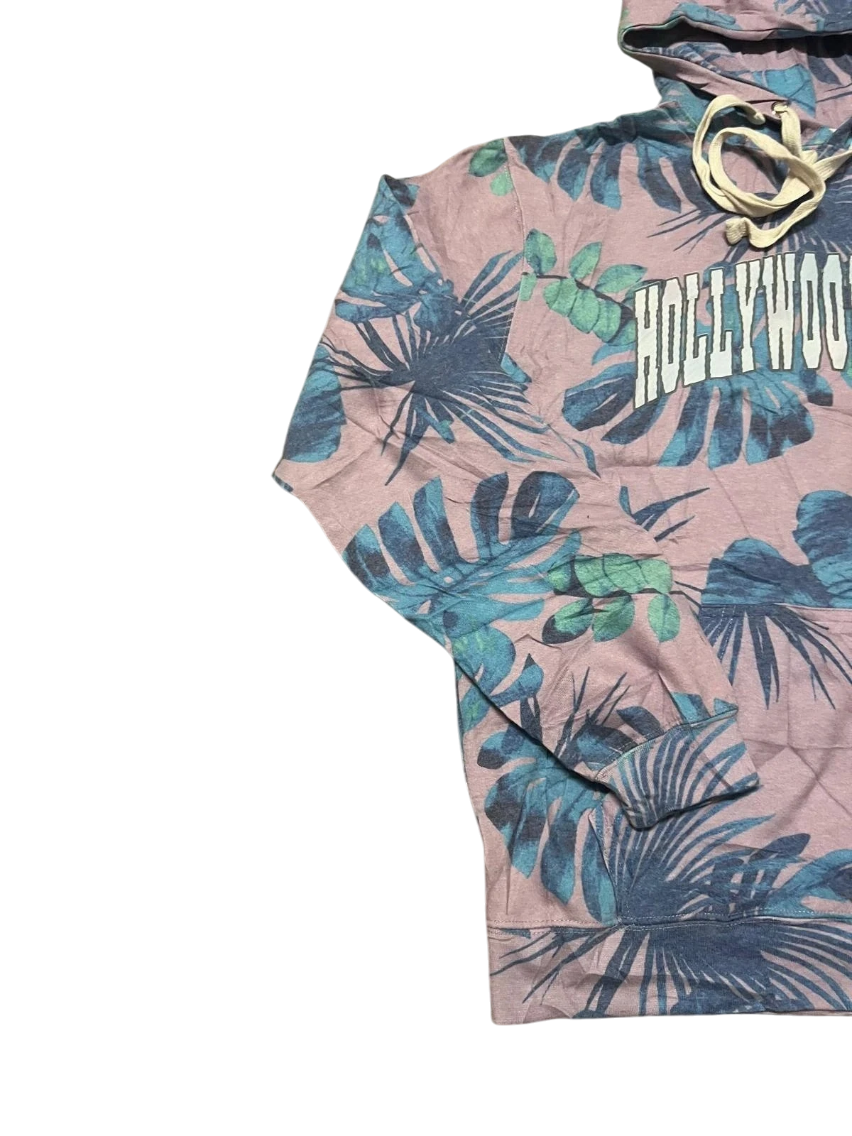 Premier Vintage Hollywood Beach tropical hoodie with pink, blue, and green palm leaf print. Features drawstring hood.