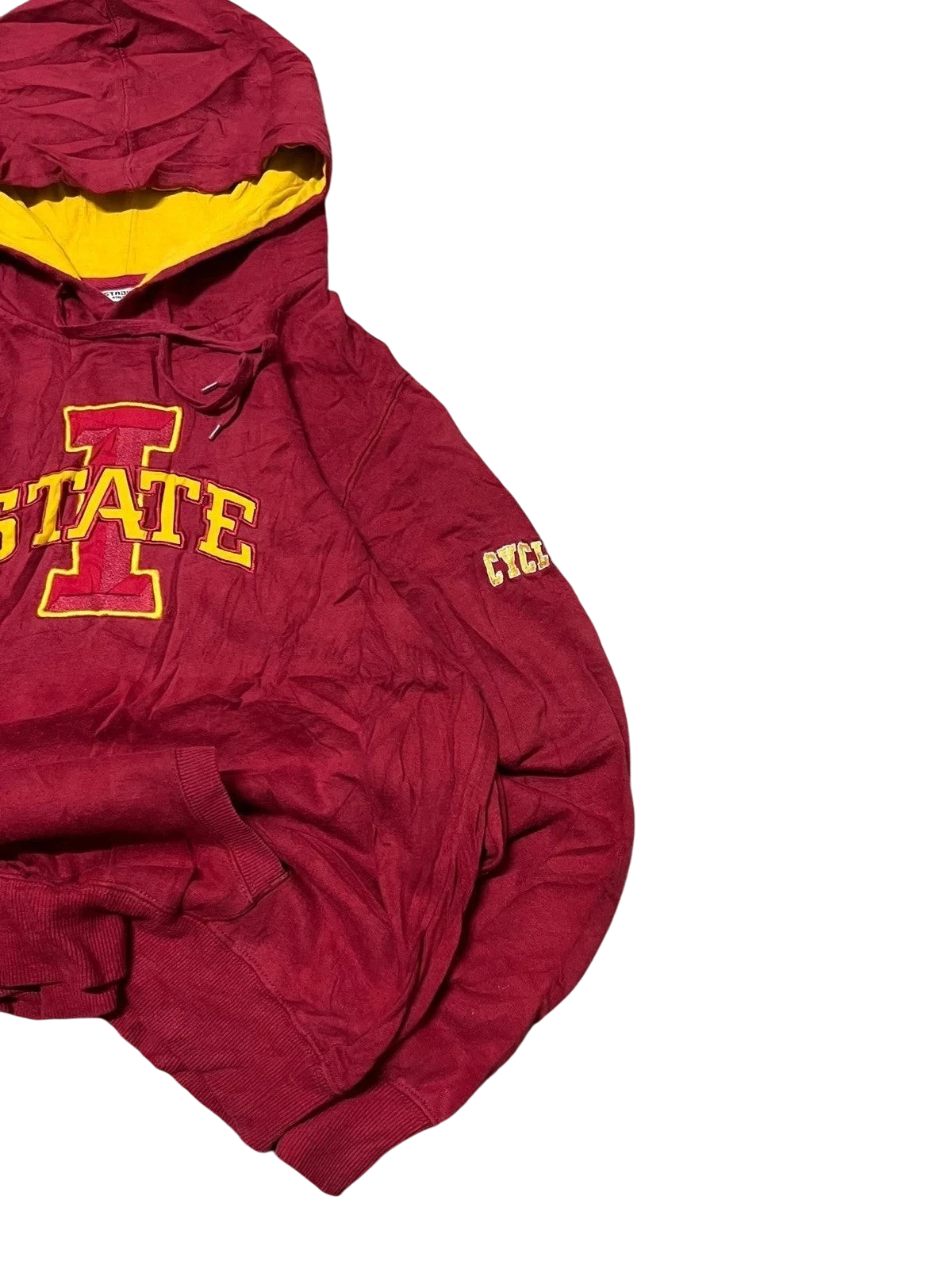 Premier Vintage red and yellow Iowa State Cyclones pullover hoodie with "STATE" lettering on chest and "CYCLONES" on sleeve.