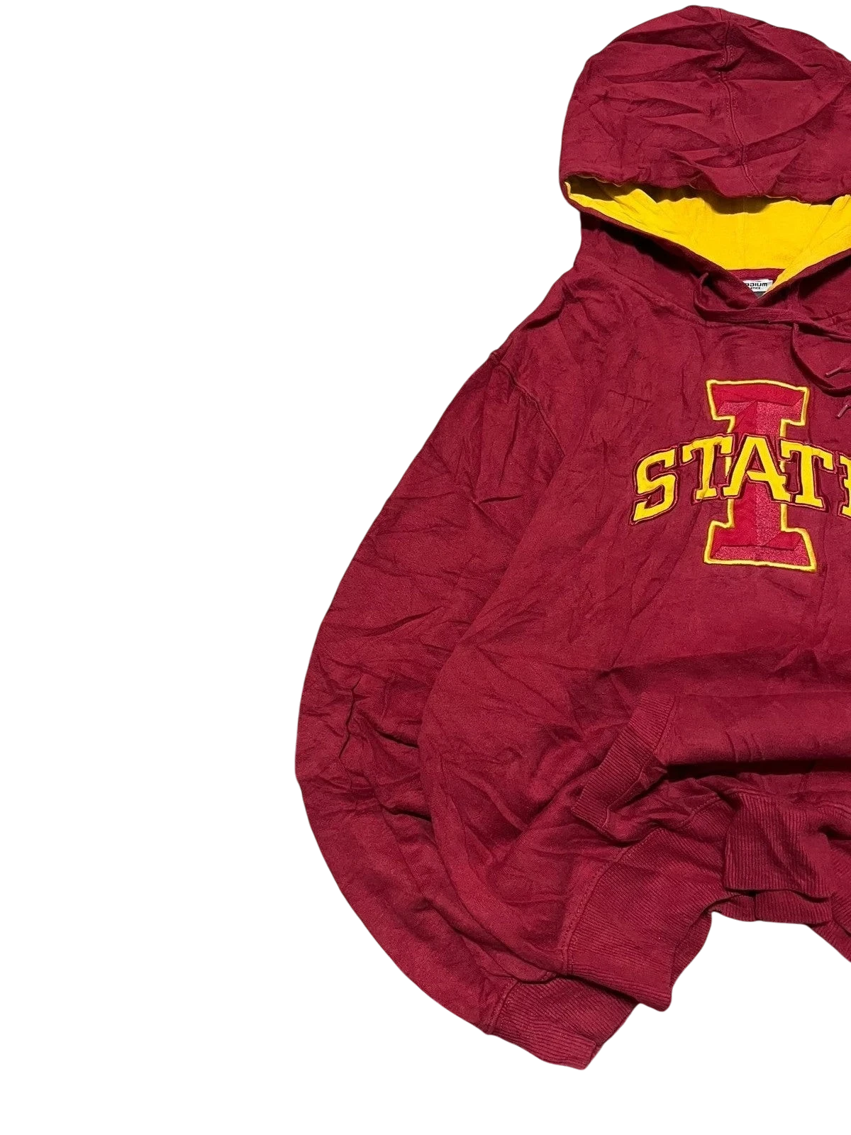 Premier Vintage red and yellow Iowa State Cyclones pullover hoodie with "STATE" lettering on chest. Soft, durable fabric for comfortable wear.
