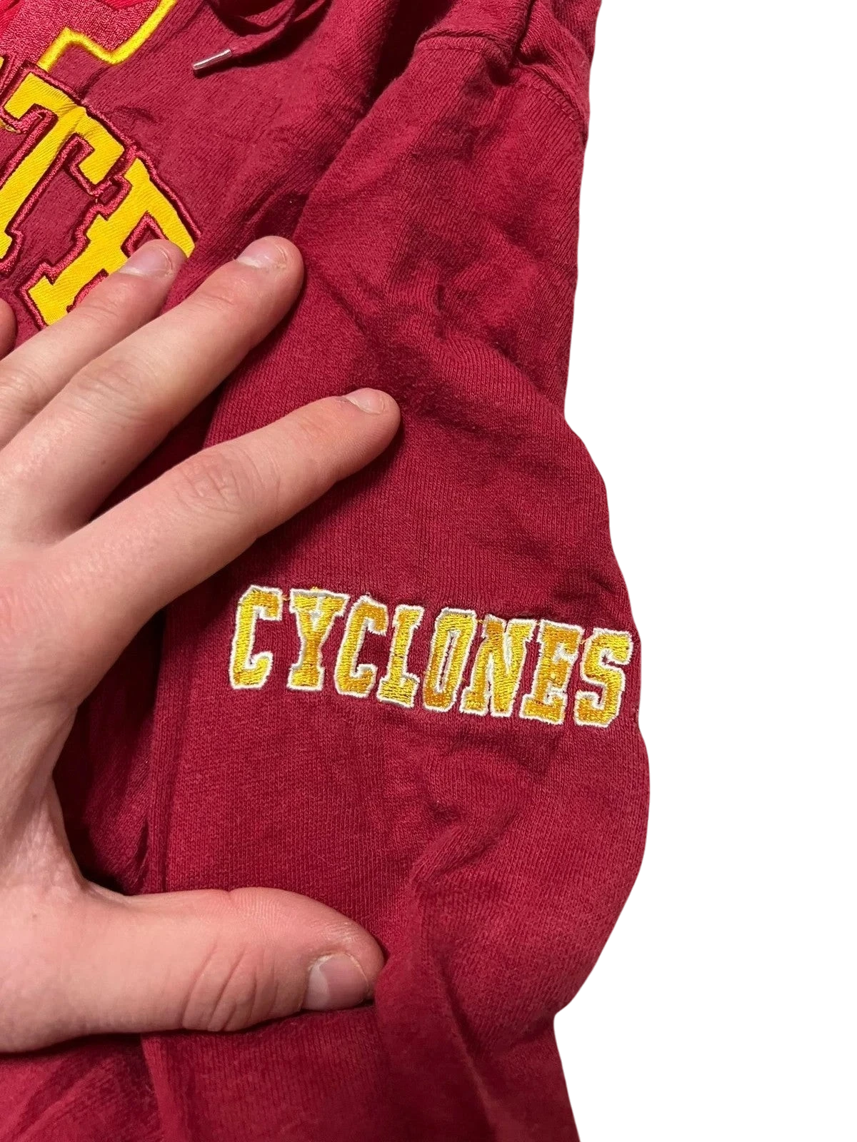 Premier Vintage red and yellow Iowa State Cyclones pullover hoodie with "STATE" lettering on chest and "CYCLONES" on sleeve.
