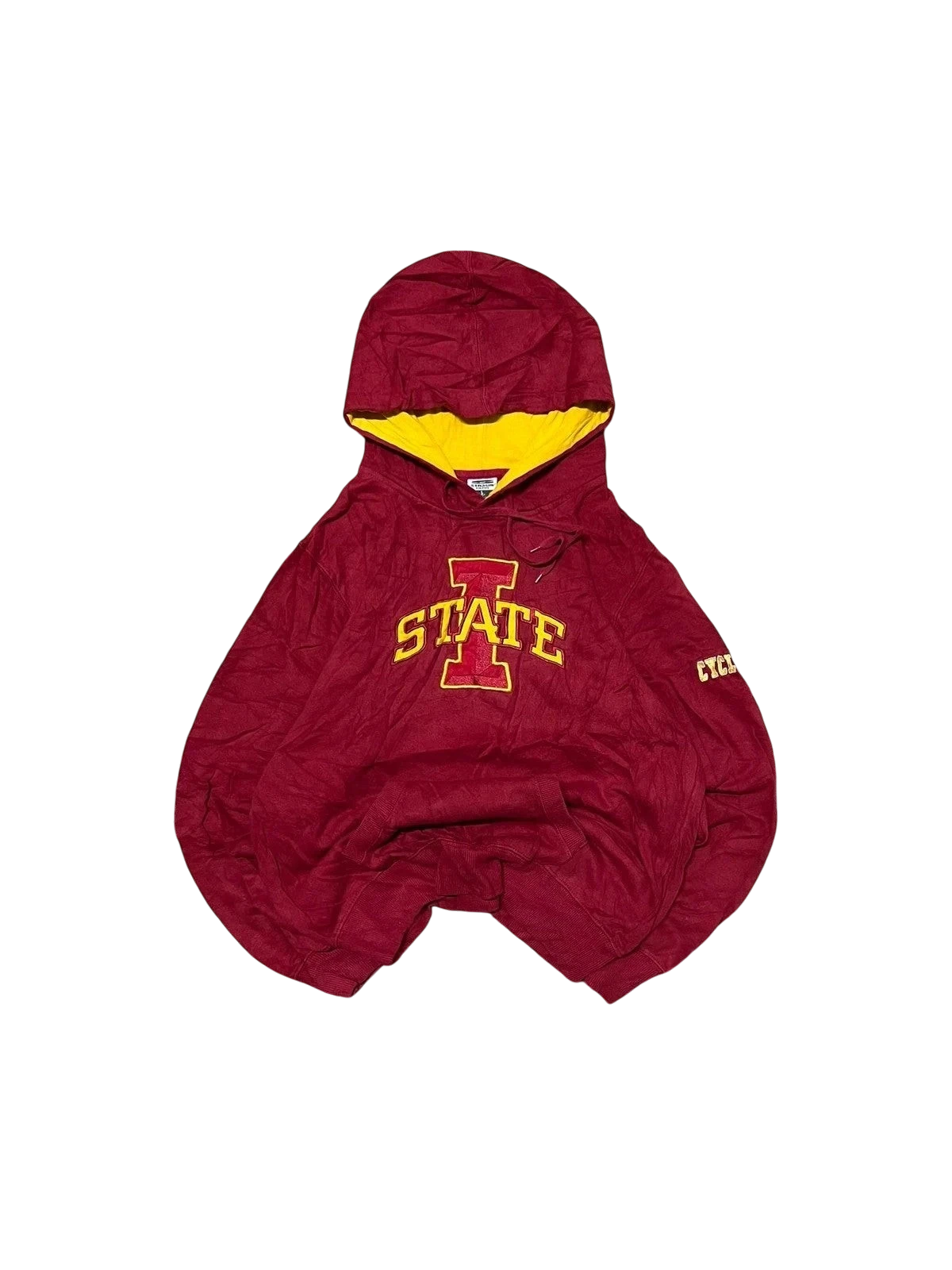 Premier Vintage red and yellow Iowa State Cyclones pullover hoodie with "STATE" on chest and "CYCLONES" on sleeve.