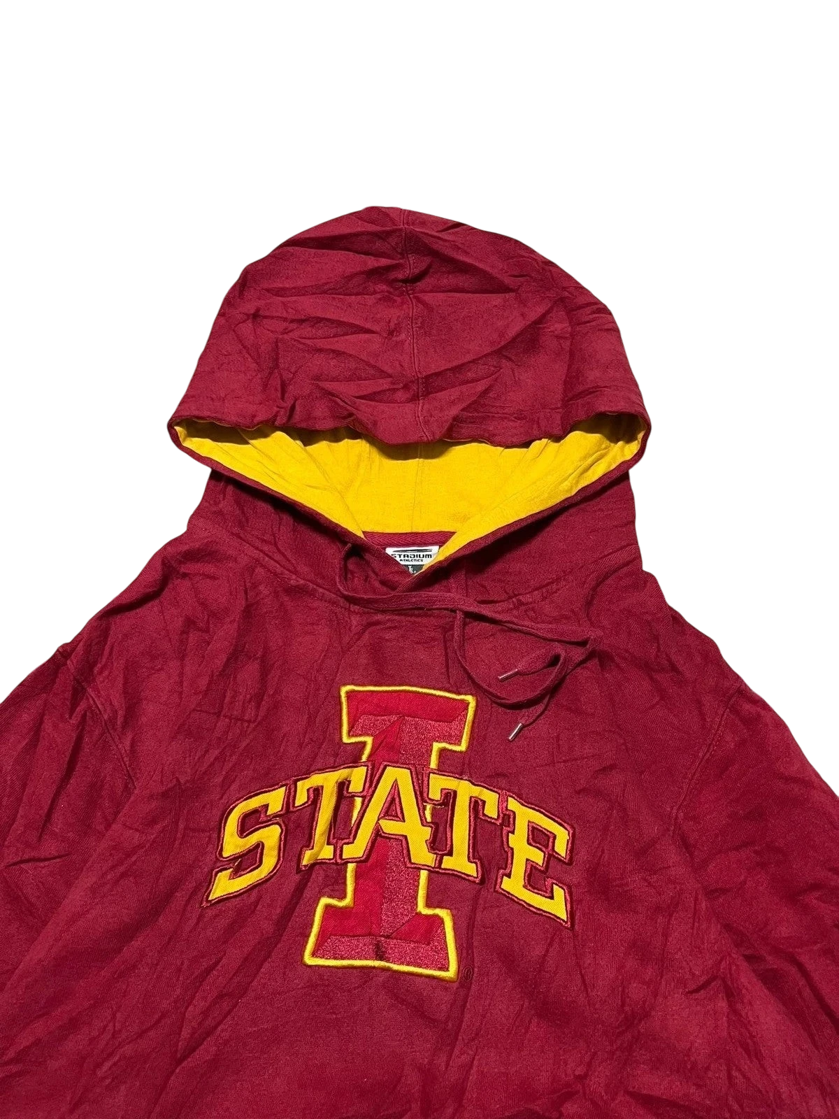 Premier Vintage red and yellow Iowa State Cyclones pullover hoodie with "STATE" lettering. Soft, durable fabric for comfortable wear.