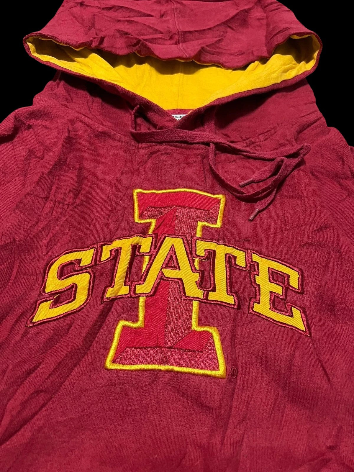 Premier Vintage red and yellow Iowa State Cyclones pullover hoodie with "STATE" lettering across the chest.