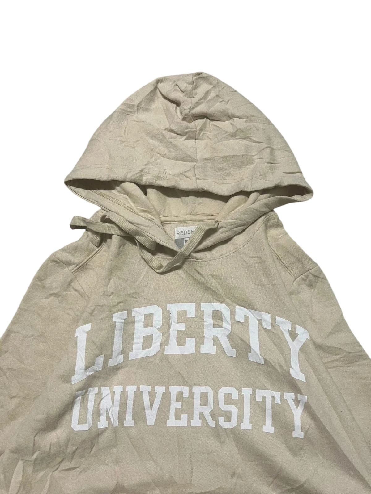 Premier Vintage beige cotton blend pullover hoodie with drawstring hood and "Liberty University" graphic across the chest.