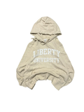 Premier Vintage beige cotton blend pullover hoodie with drawstring hood and front pocket, featuring white "Liberty University" graphic.