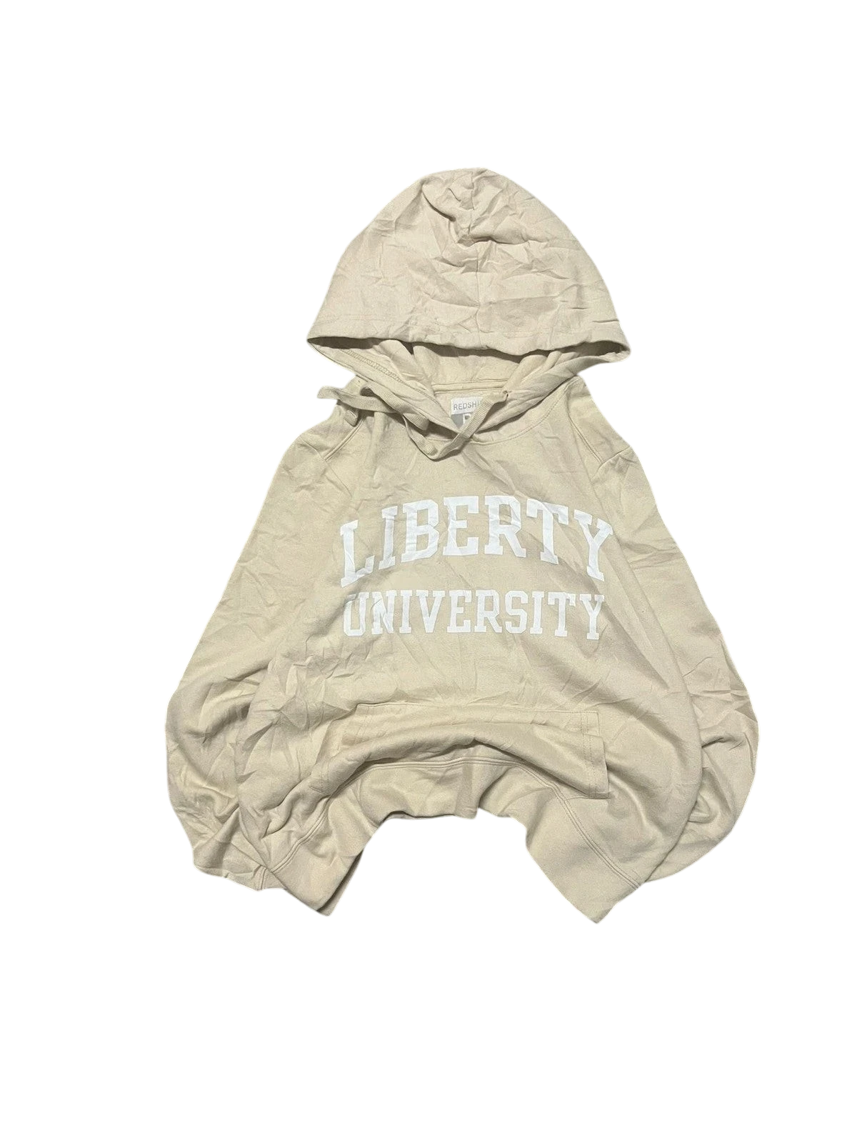 Premier Vintage beige cotton blend pullover hoodie with drawstring hood and front pocket, featuring white "Liberty University" graphic.