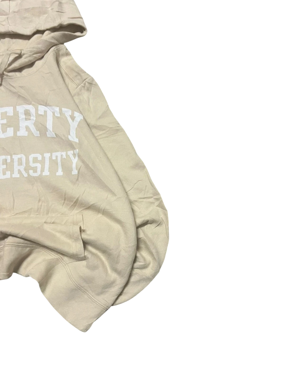 Premier Vintage beige cotton blend hoodie with "Liberty University" graphic across the chest, drawstring hood, and front pocket.