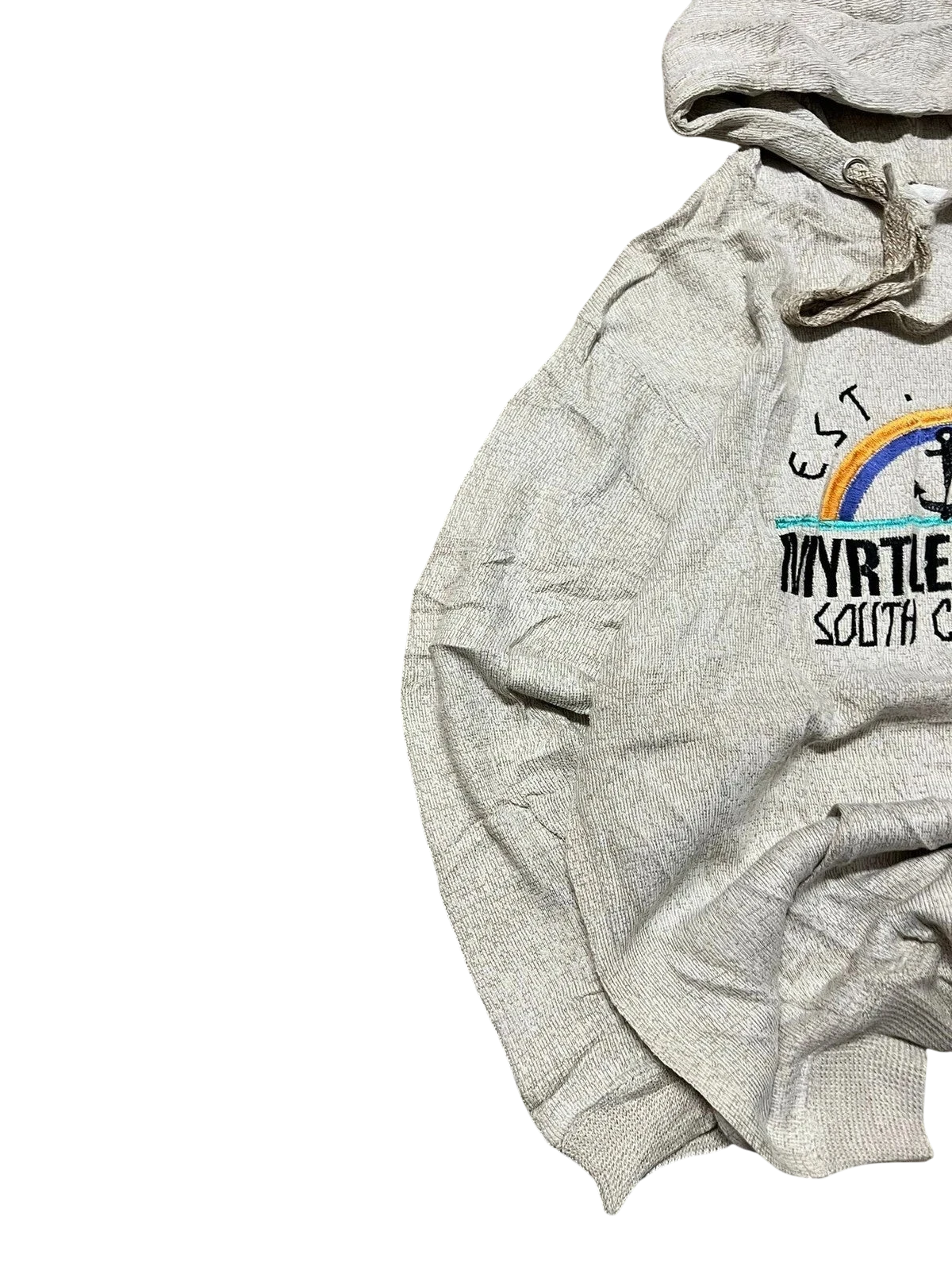 Premier Vintage light grey heathered cotton blend hoodie with distressed Myrtle Beach South Carolina graphic, rainbow, and anchor detail.