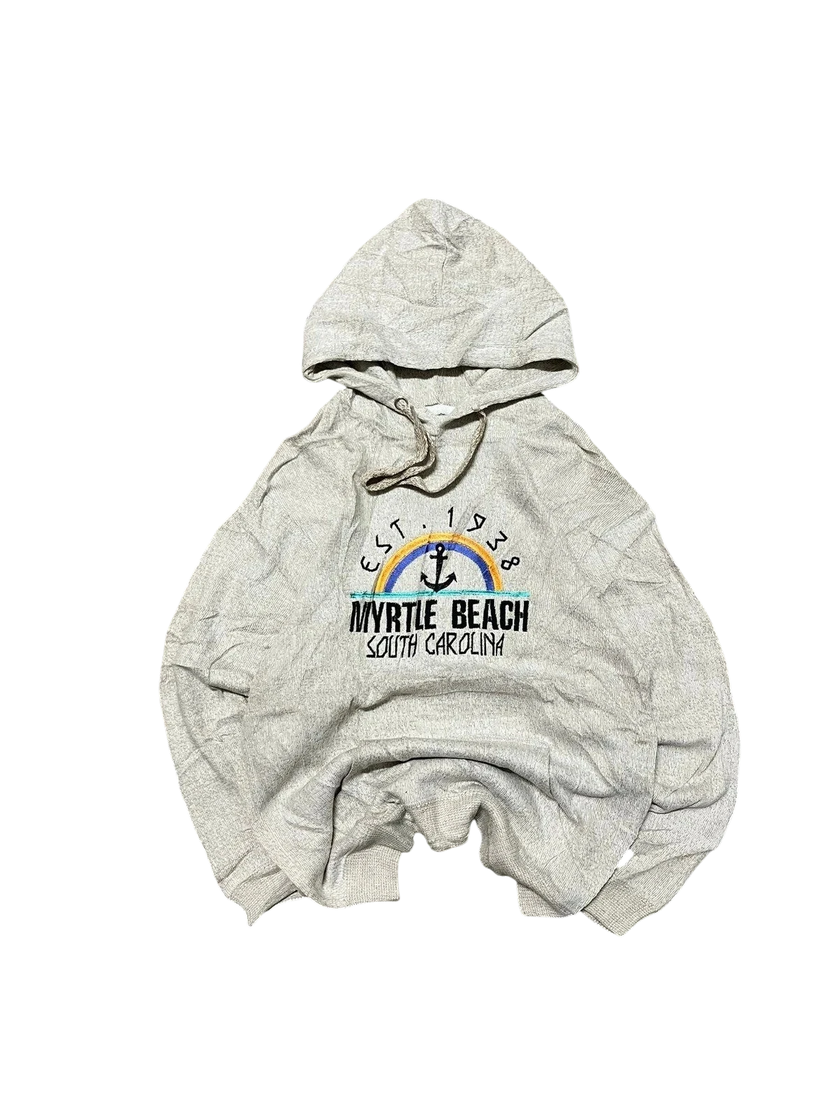 Premier Vintage light grey crewneck hoodie with distressed Myrtle Beach South Carolina graphic, rainbow, and anchor detail.
