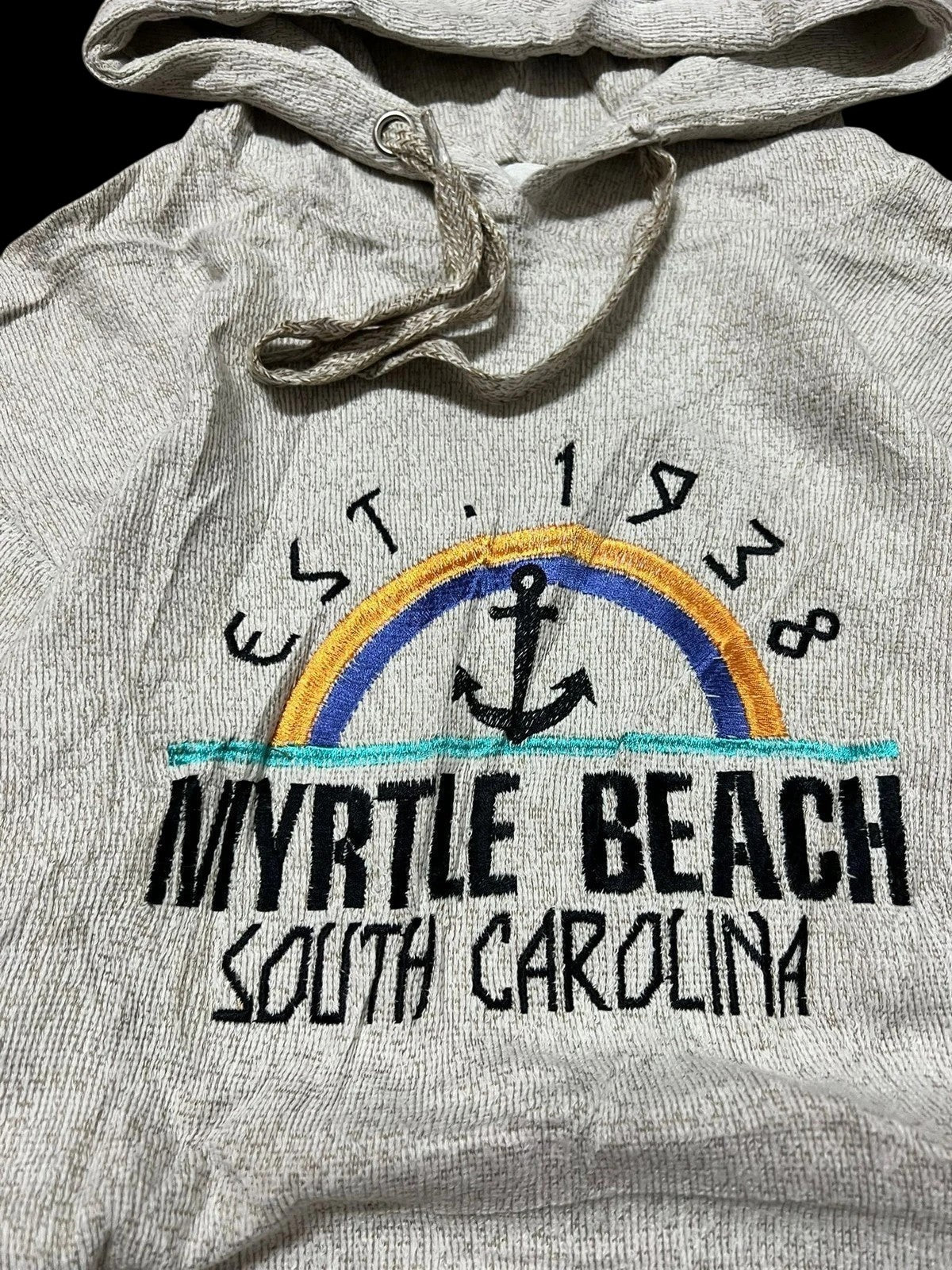 Premier Vintage light grey heathered cotton blend hoodie with distressed Myrtle Beach South Carolina graphic, rainbow, and anchor detail.