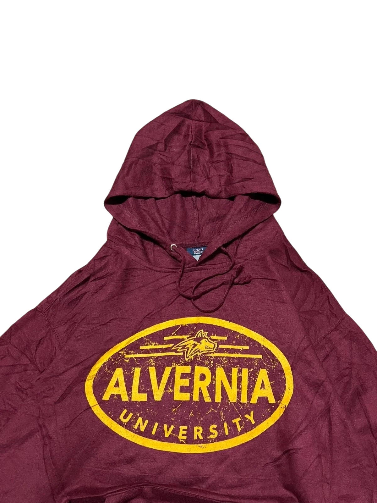 Premier Vintage maroon Alvernia University graphic hoodie with yellow oval logo. Comfortable, lightweight fabric, perfect for everyday wear.