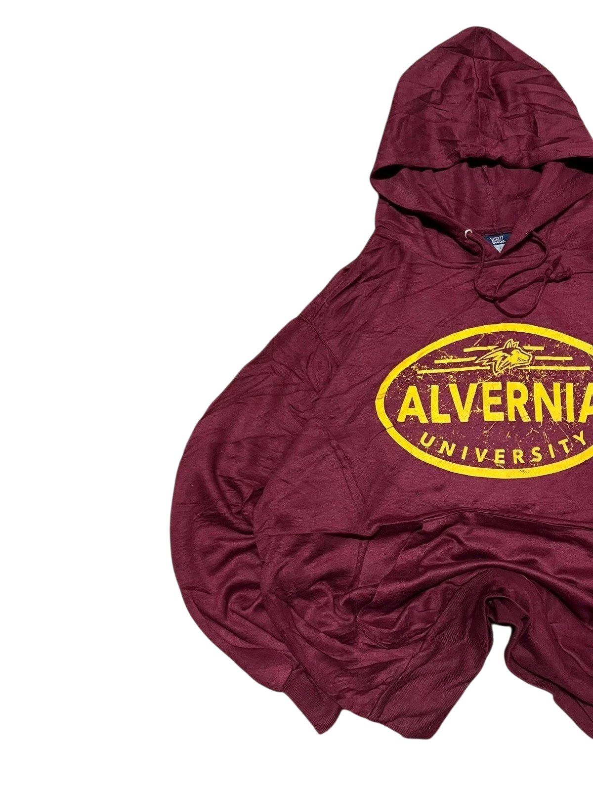 Premier Vintage maroon Alvernia University graphic hoodie with yellow oval logo. Lightweight fabric, hooded sweatshirt with drawstring.