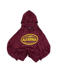 Premier Vintage maroon Alvernia University graphic hoodie with yellow oval logo. Lightweight fabric, hooded sweatshirt with front graphic.