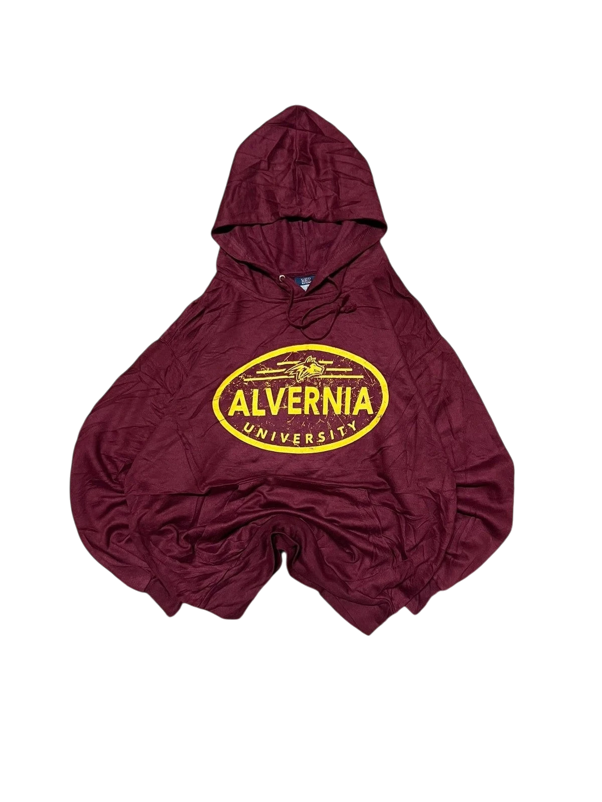 Premier Vintage maroon Alvernia University graphic hoodie with yellow oval logo. Lightweight fabric, hooded sweatshirt with front graphic.
