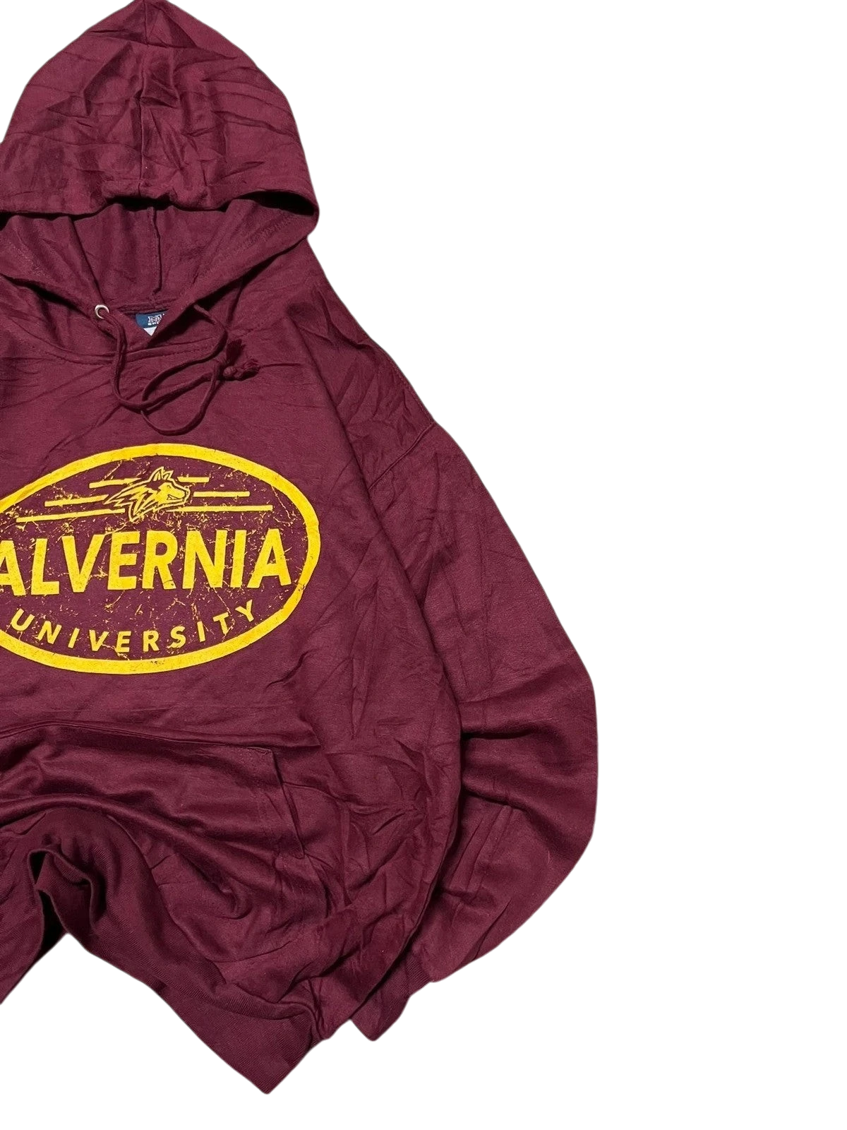 Premier Vintage maroon Alvernia University graphic hoodie with yellow oval logo. Comfortable, lightweight fabric, perfect for everyday wear.
