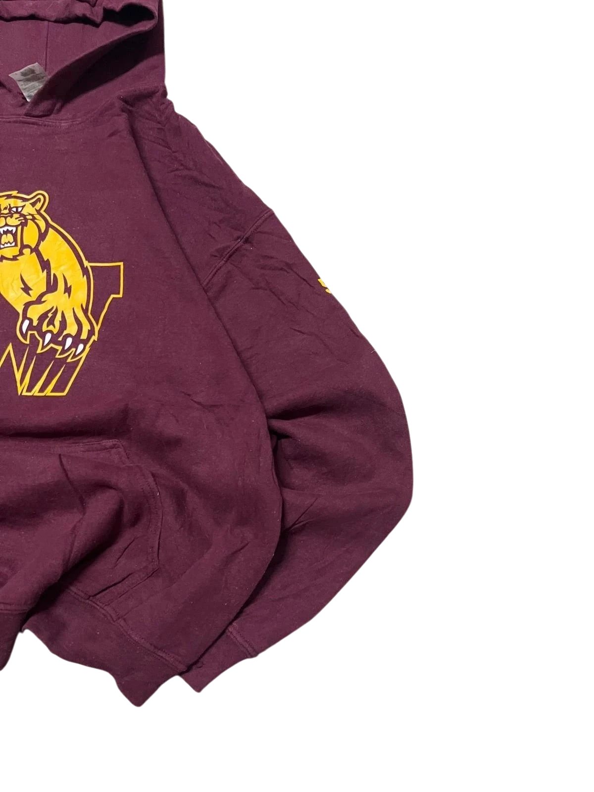 Premier Vintage maroon heavy blend pullover hoodie with a yellow "W" logo and tiger graphic. Classic athletic style.