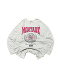 Premier Vintage white long-sleeve crewneck sweatshirt with pink "MONTAUK" graphic and yacht club crest.