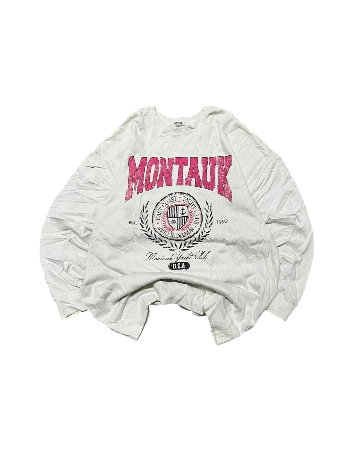 Premier Vintage white long-sleeve crewneck sweatshirt with pink "MONTAUK" graphic and yacht club crest.