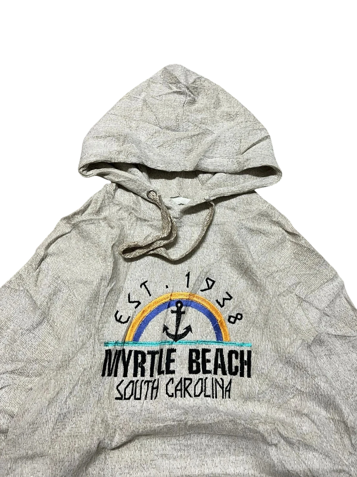 Premier Vintage light grey heathered cotton blend hoodie with distressed Myrtle Beach South Carolina graphic, rainbow, and anchor detail.
