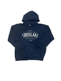 Premier Vintage navy blue hooded sweatshirt with 'CROSSLAKE MINNESOTA EST. 1903 NORTH OF ORDINARY USA' graphic. Features kangaroo pocket and drawstring hood.