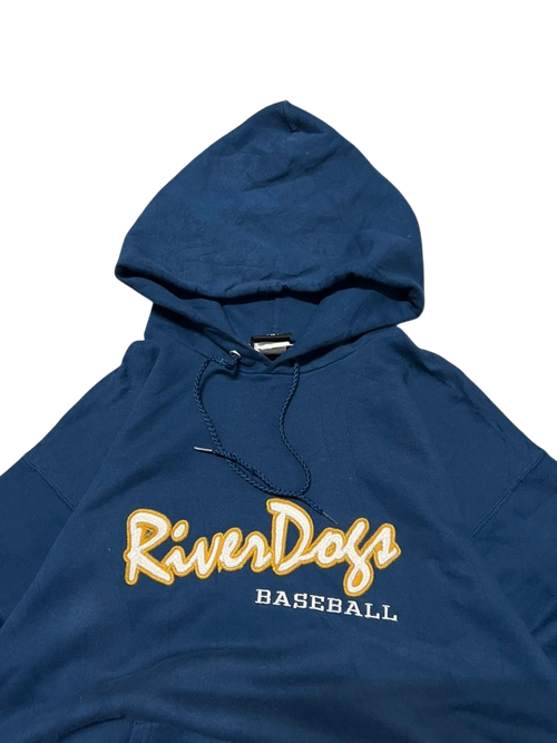 Premier Vintage navy blue cotton blend hoodie with embroidered "River Dogs Baseball" graphic on chest, drawstring hood, and pouch pocket.