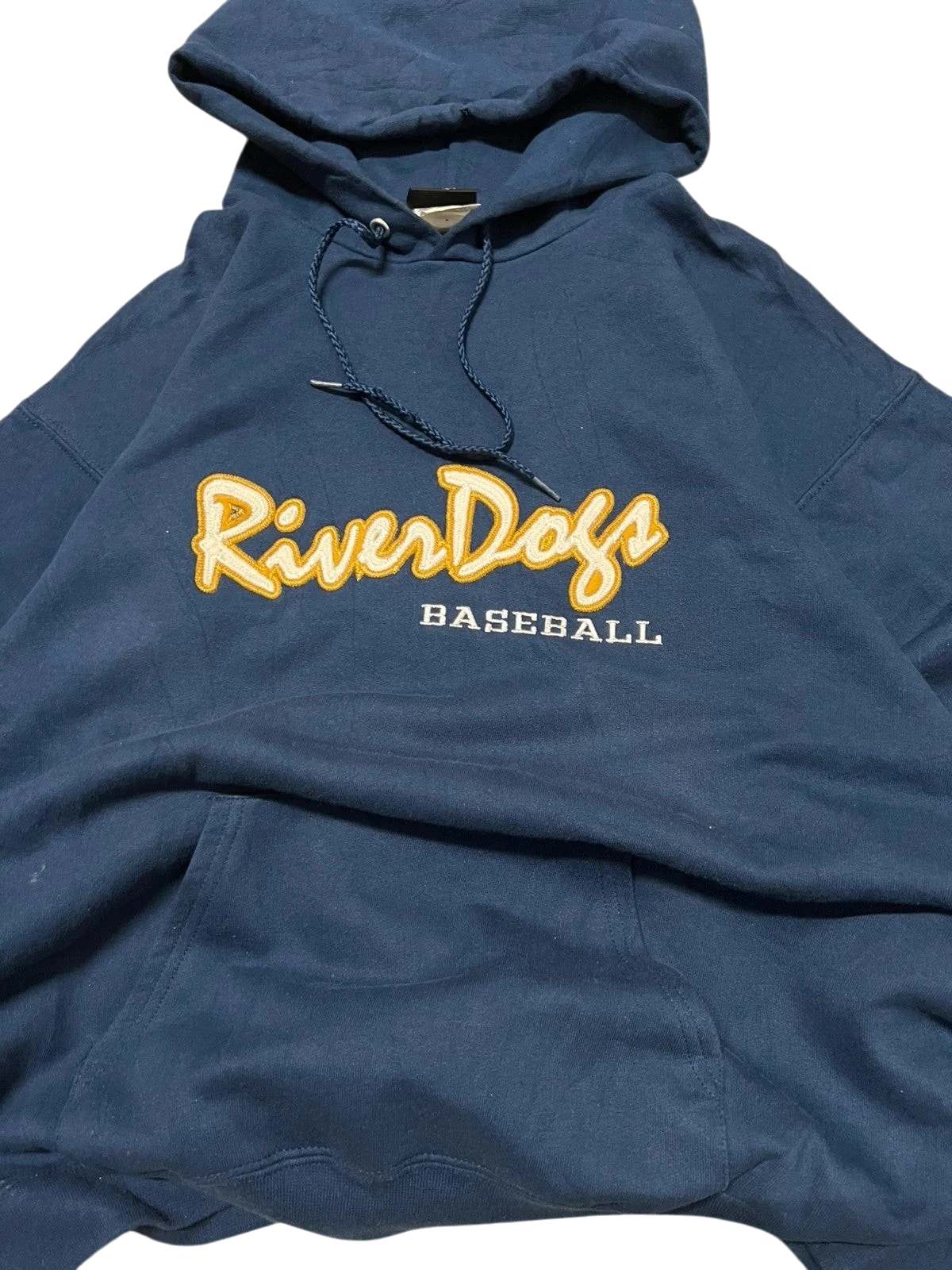 Premier Vintage navy blue cotton blend hoodie with "River Dogs Baseball" graphic embroidered on chest, drawstring hood, and front pouch pocket.