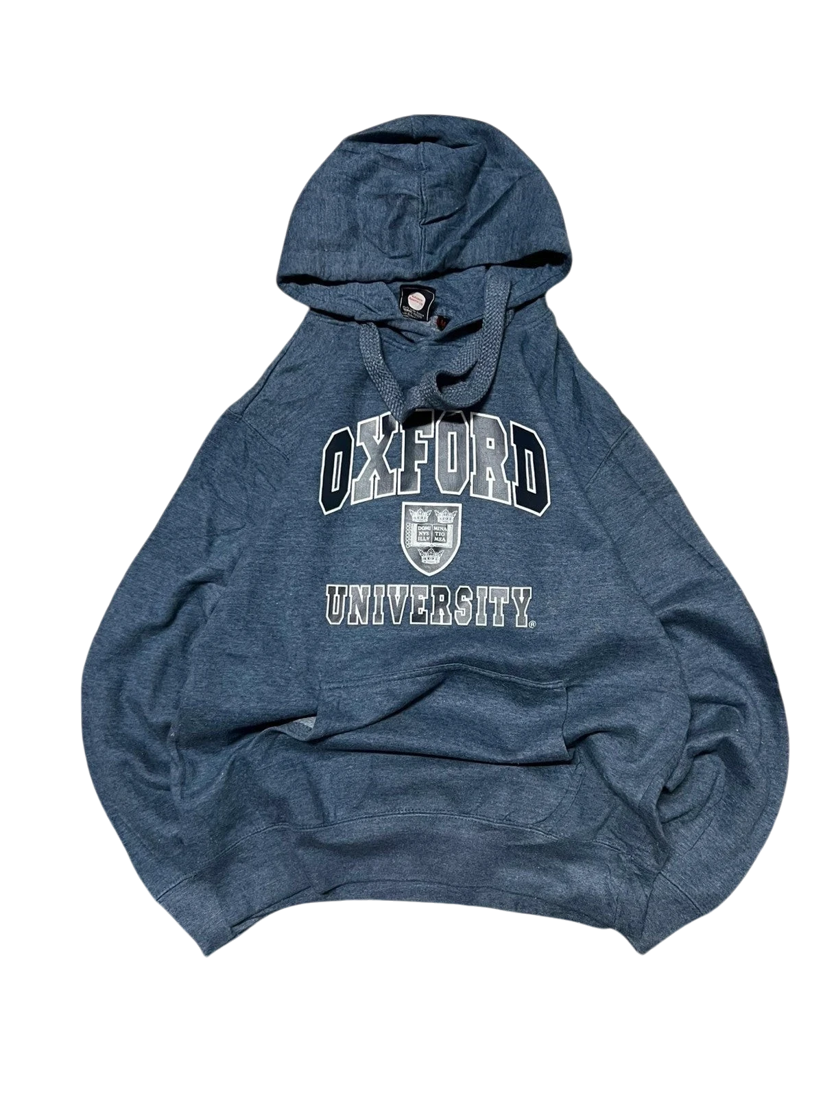 Premier Vintage heathered blue Oxford University graphic hoodie with crest and lettering. Features a hood, drawstrings, and kangaroo pocket.