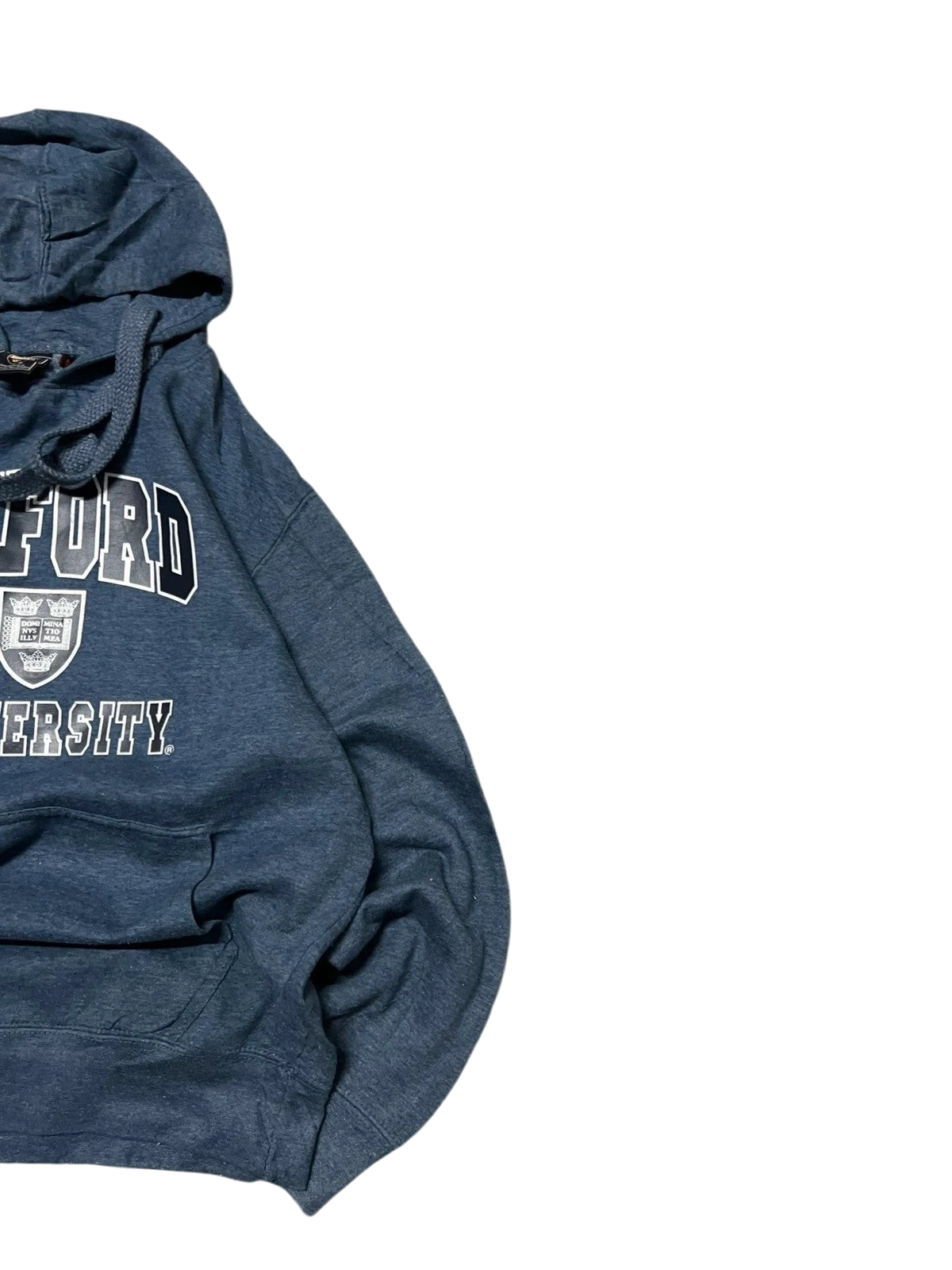 Premier Vintage heathered blue Oxford University graphic hoodie with kangaroo pocket and adjustable drawstring hood.