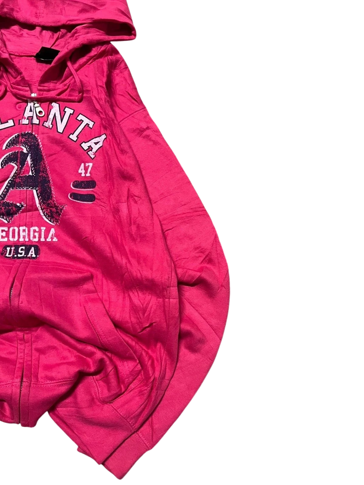 Premier Vintage pink zip-up hoodie with Atlanta Georgia USA graphic and drawstring hood.