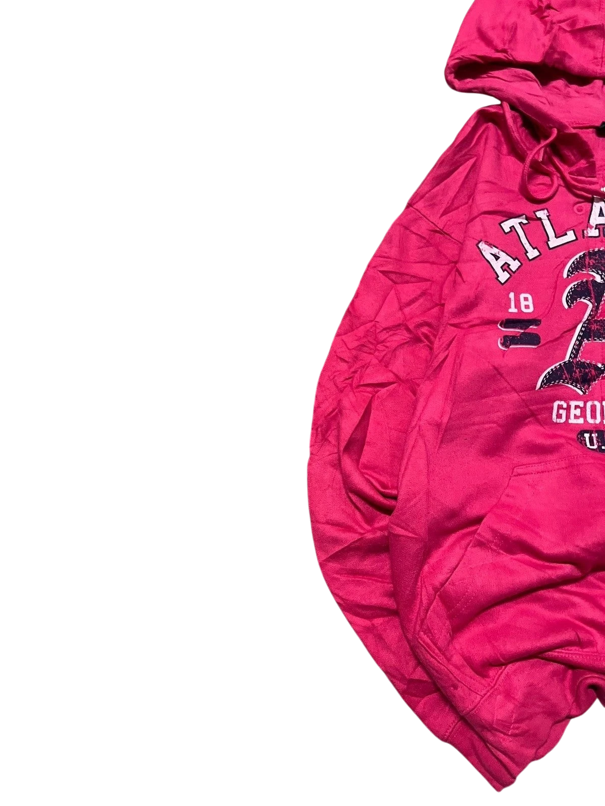 Premier Vintage vibrant pink zip-up hoodie with "Atlanta Georgia U.S.A." graphic and drawstring hood.