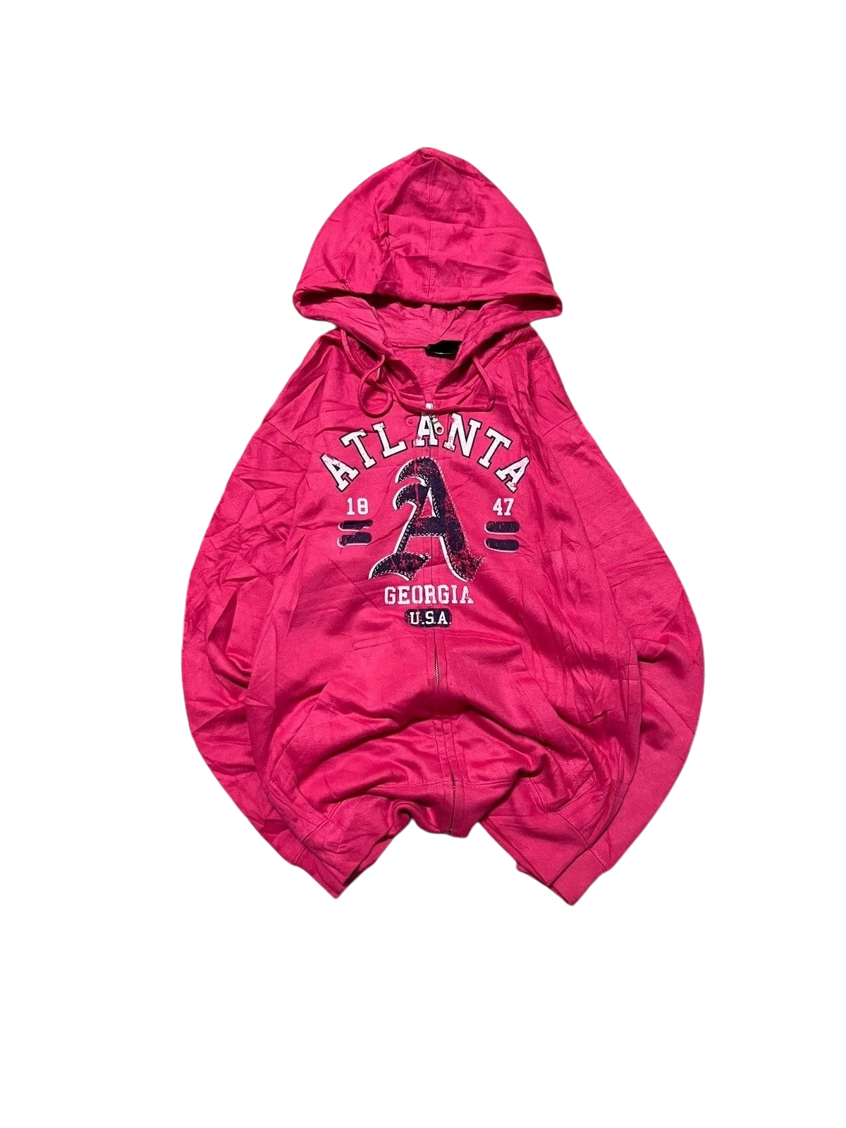 Premier Vintage pink zip-up hoodie with Atlanta Georgia USA graphic and drawstring hood. Comfortable fabric, relaxed fit.