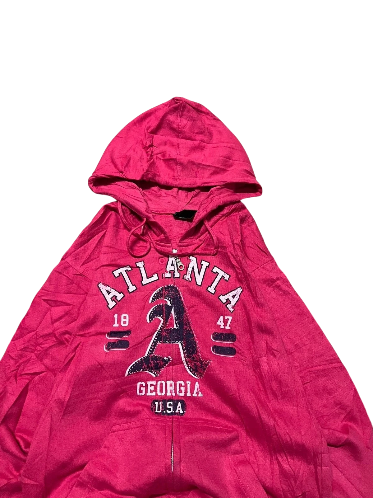 Premier Vintage pink zip-up hoodie with Atlanta Georgia USA graphic and drawstring hood.