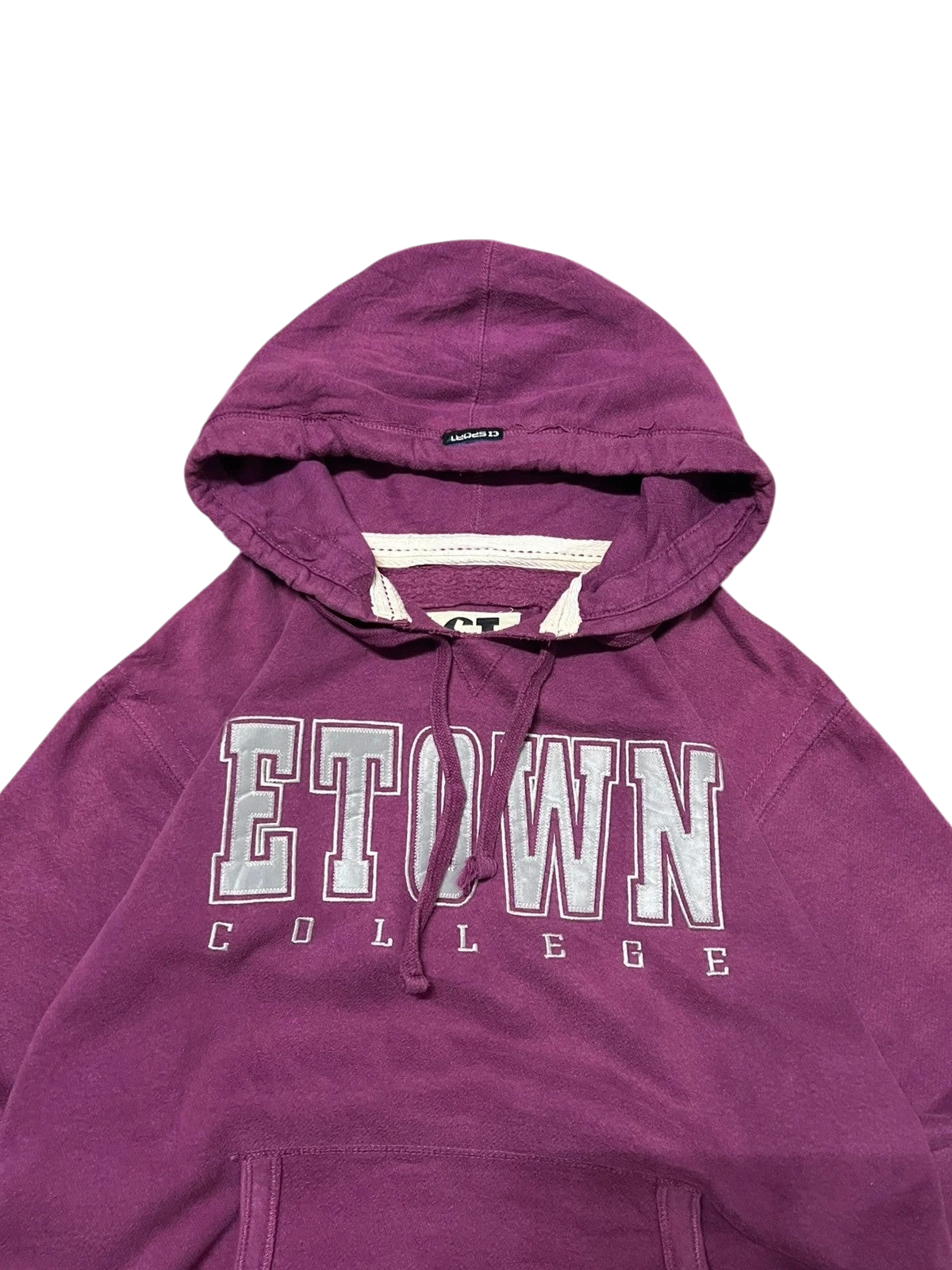 Premier Vintage purple cotton blend pullover hoodie with "ETOWN COLLEGE" lettering and kangaroo pocket.