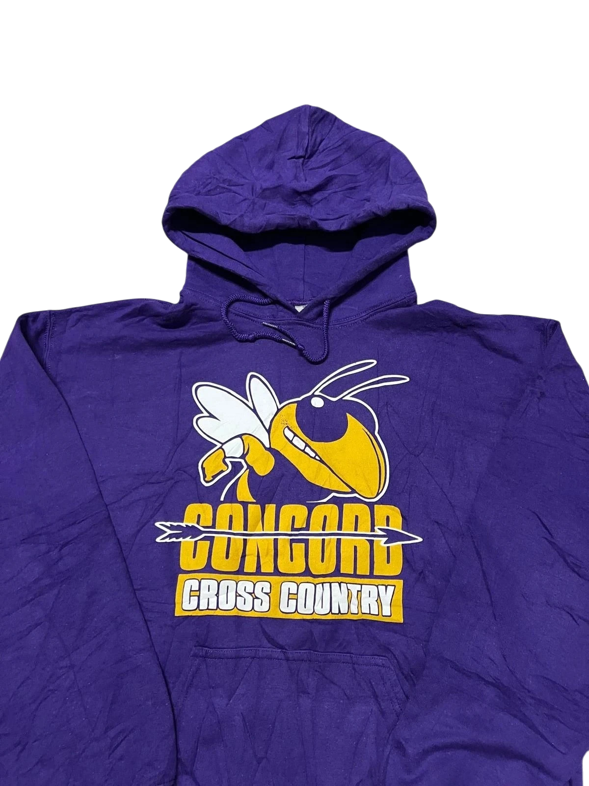 Premier Vintage purple Concord Cross Country hoodie with bee mascot graphic and team name. Gildan Heavy Blend hooded sweatshirt.
