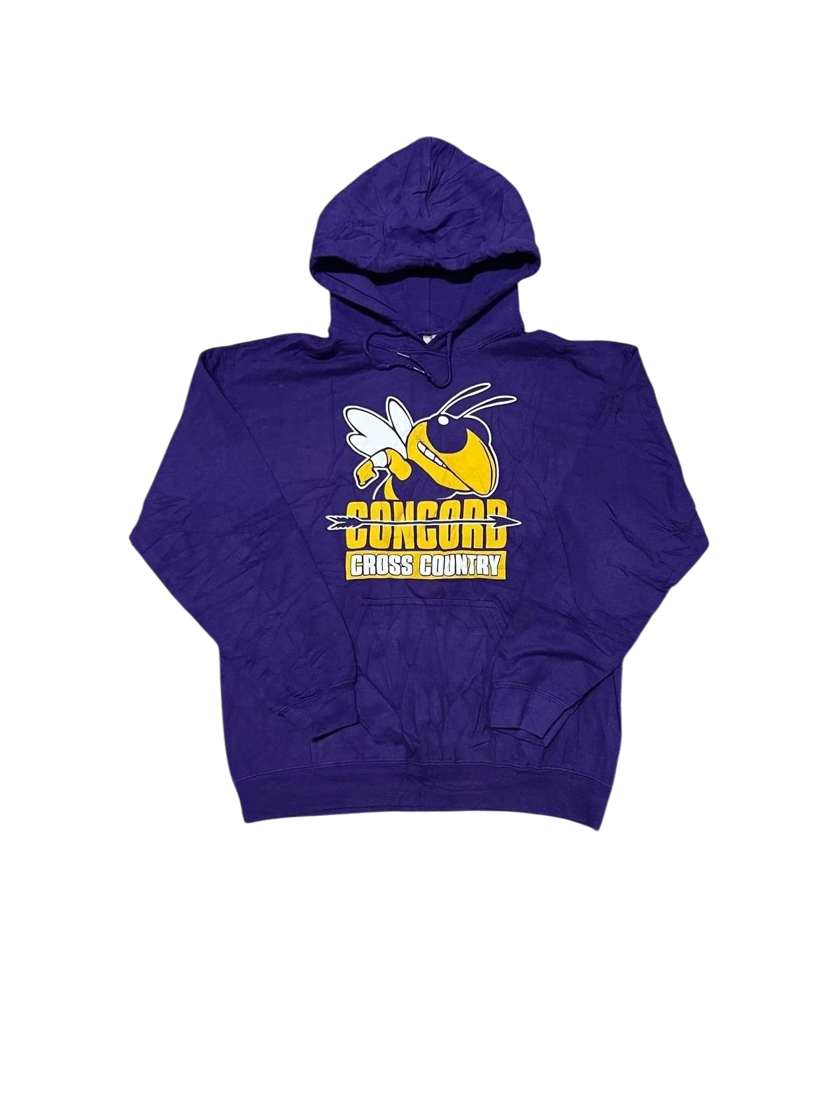 Premier Vintage purple Concord Cross Country hoodie with bee mascot graphic. Gildan Heavy Blend sweatshirt.
