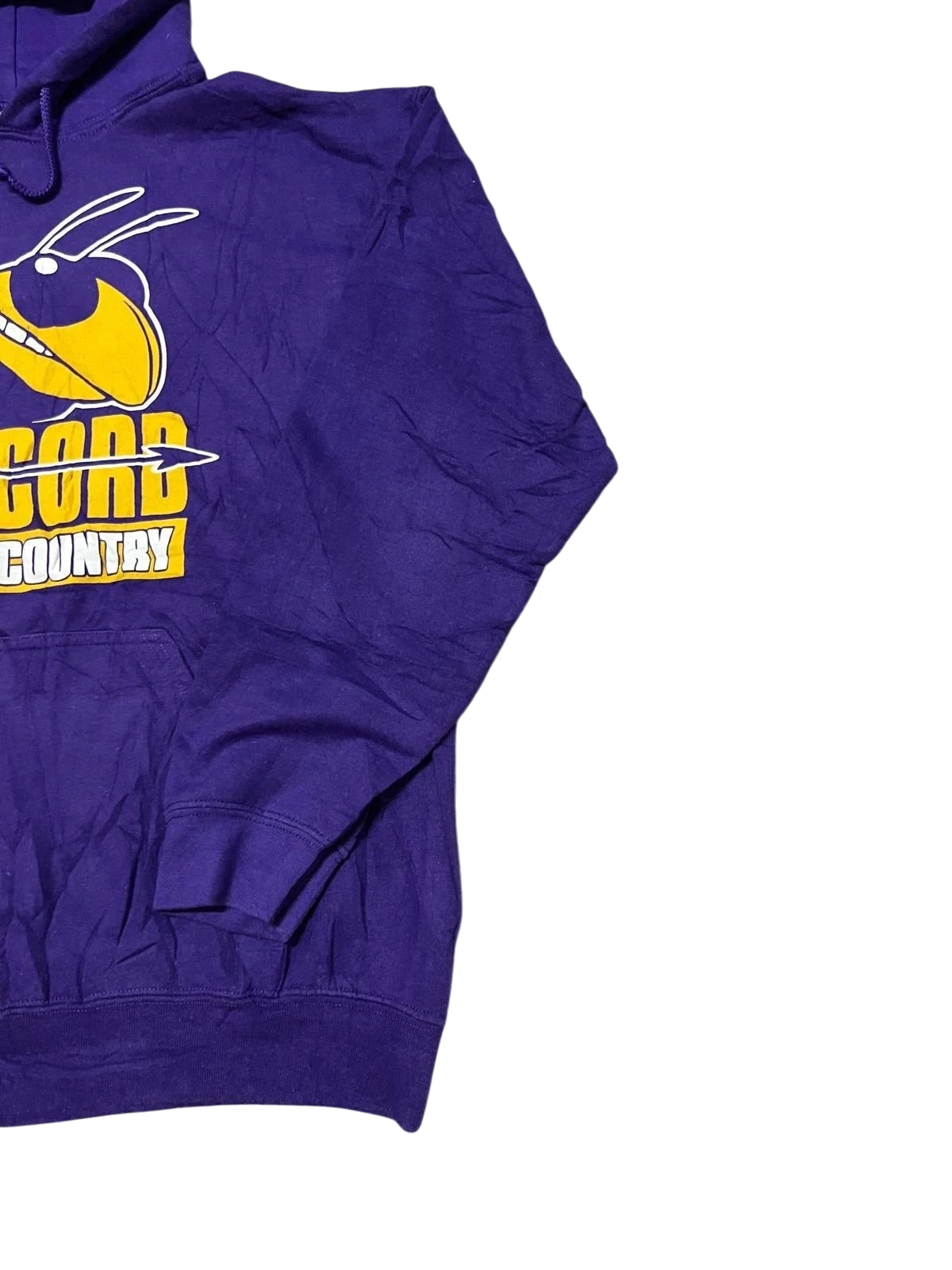 Premier Vintage Concord Cross Country hoodie in vibrant purple with a yellow bee mascot graphic and team name. Gildan Heavy Blend.