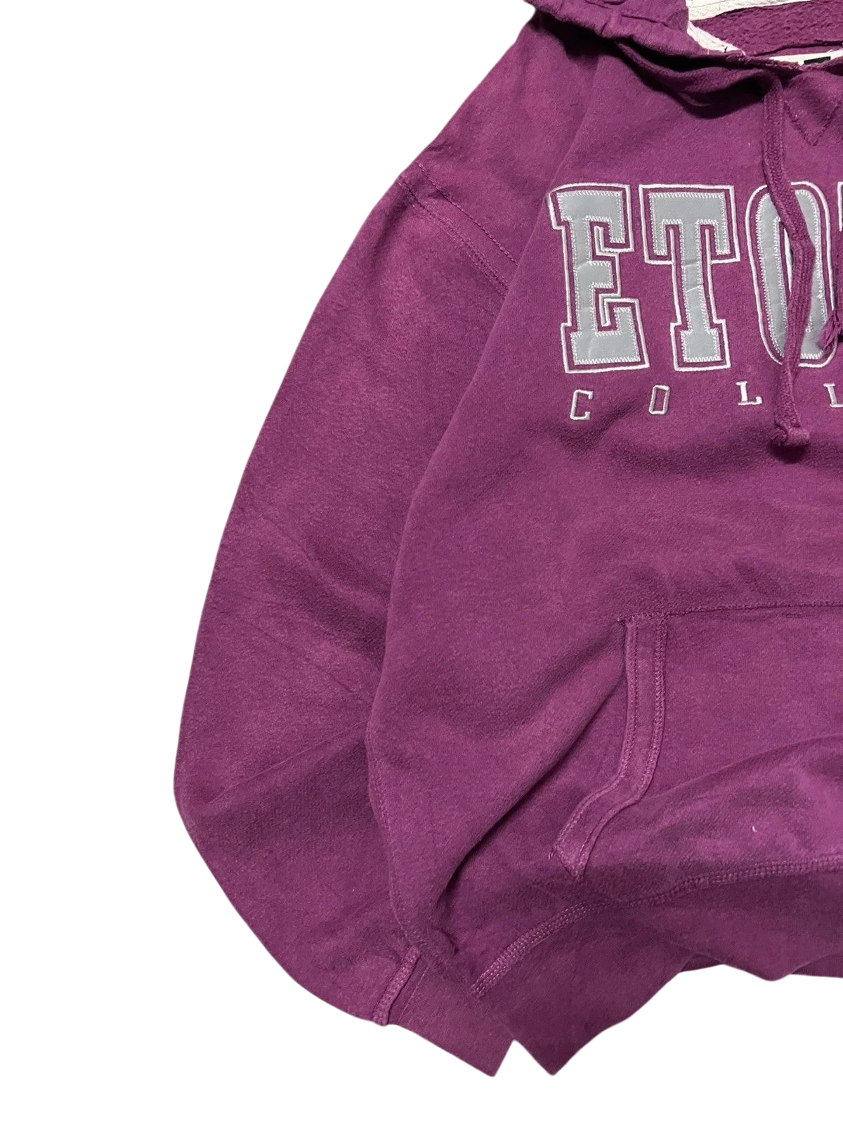 Premier Vintage purple cotton blend Etown College pullover hoodie with drawstring hood and kangaroo pocket.