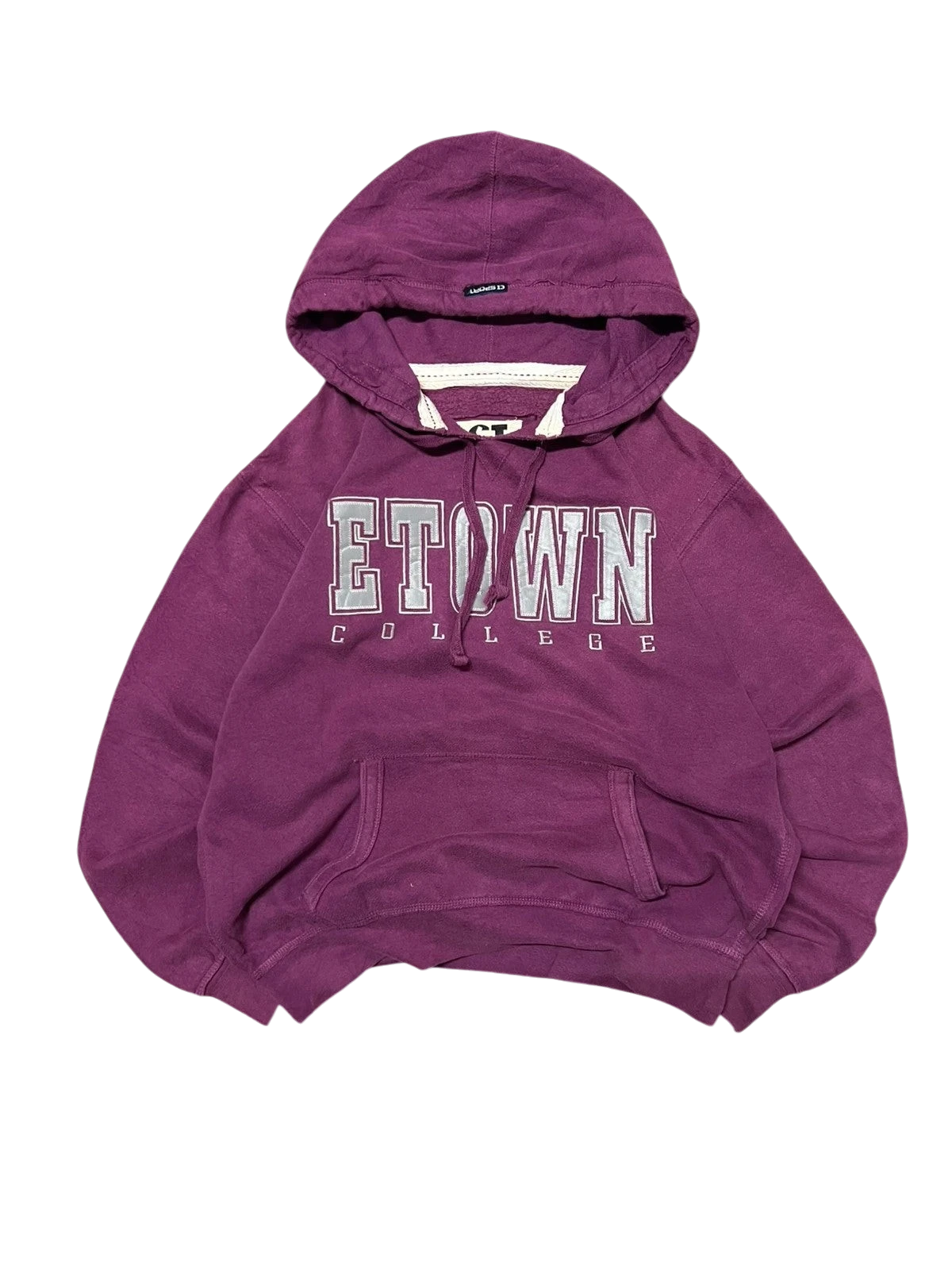 Premier Vintage purple cotton blend Etown College pullover hoodie with drawstring hood and kangaroo pocket.