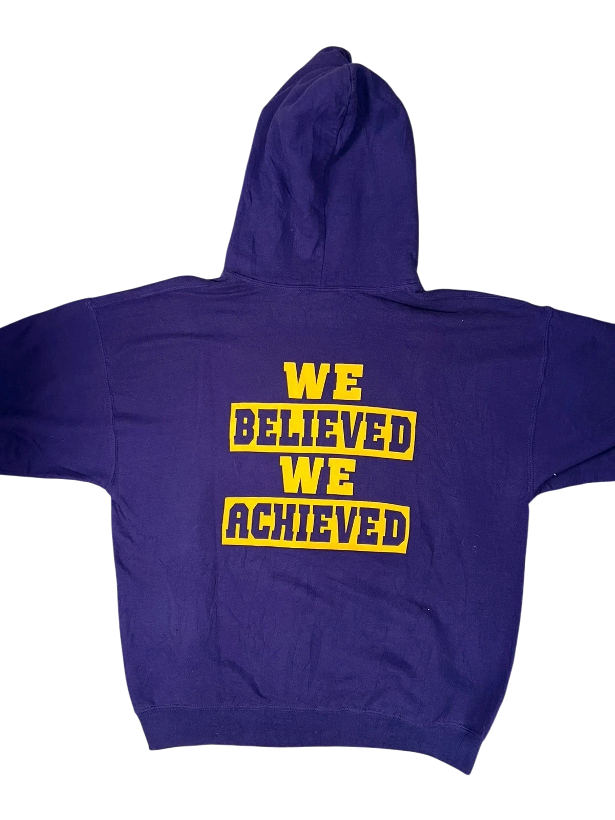 Premier Vintage Jackson Bears 2010 State Champions purple hoodie with yellow text 'WE BELIEVED WE ACHIEVED'.
