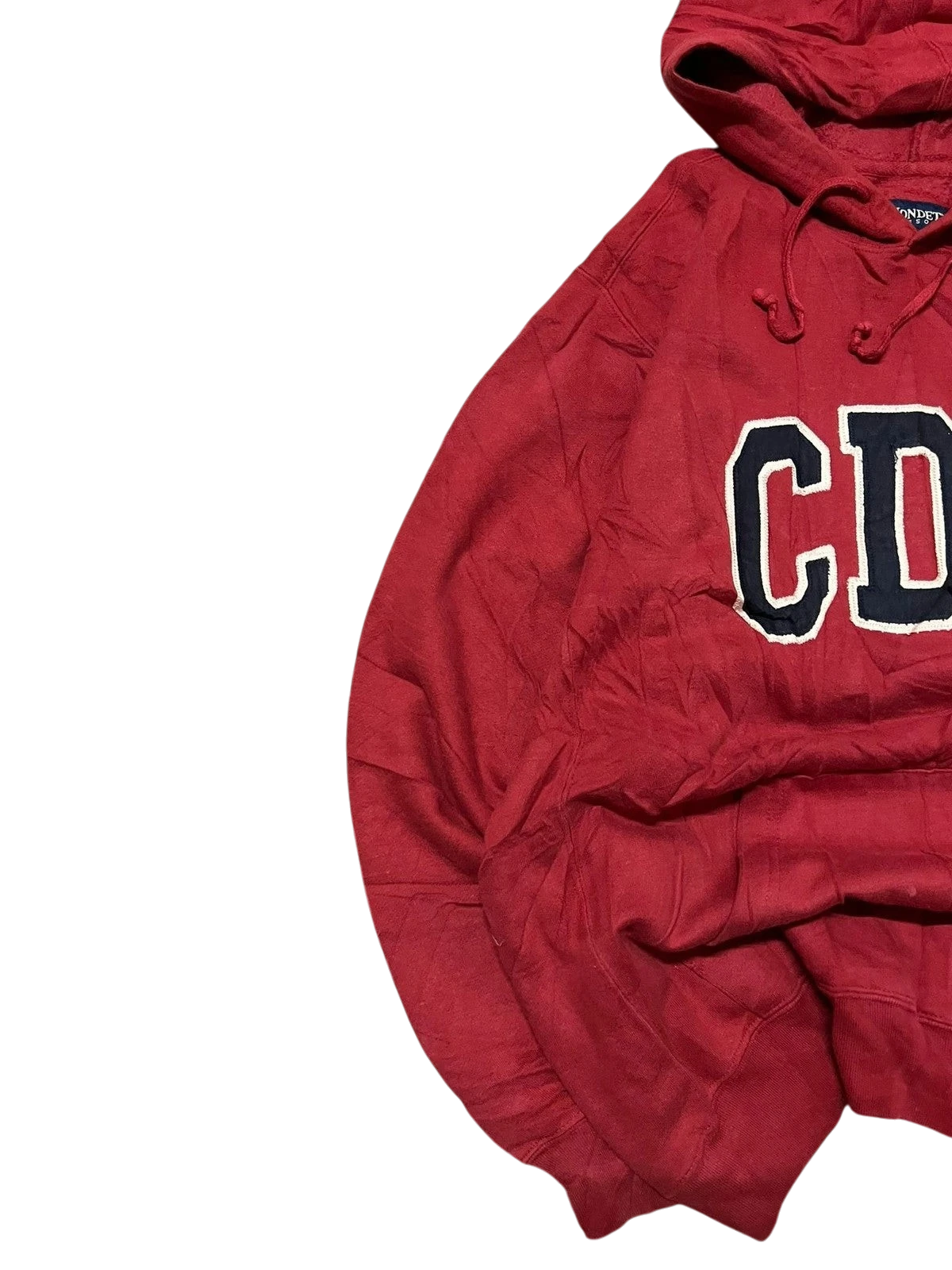 Premier Vintage red cotton blend hoodie with bold "CD" graphic, drawstring hood, and ribbed cuffs for a classic collegiate style.