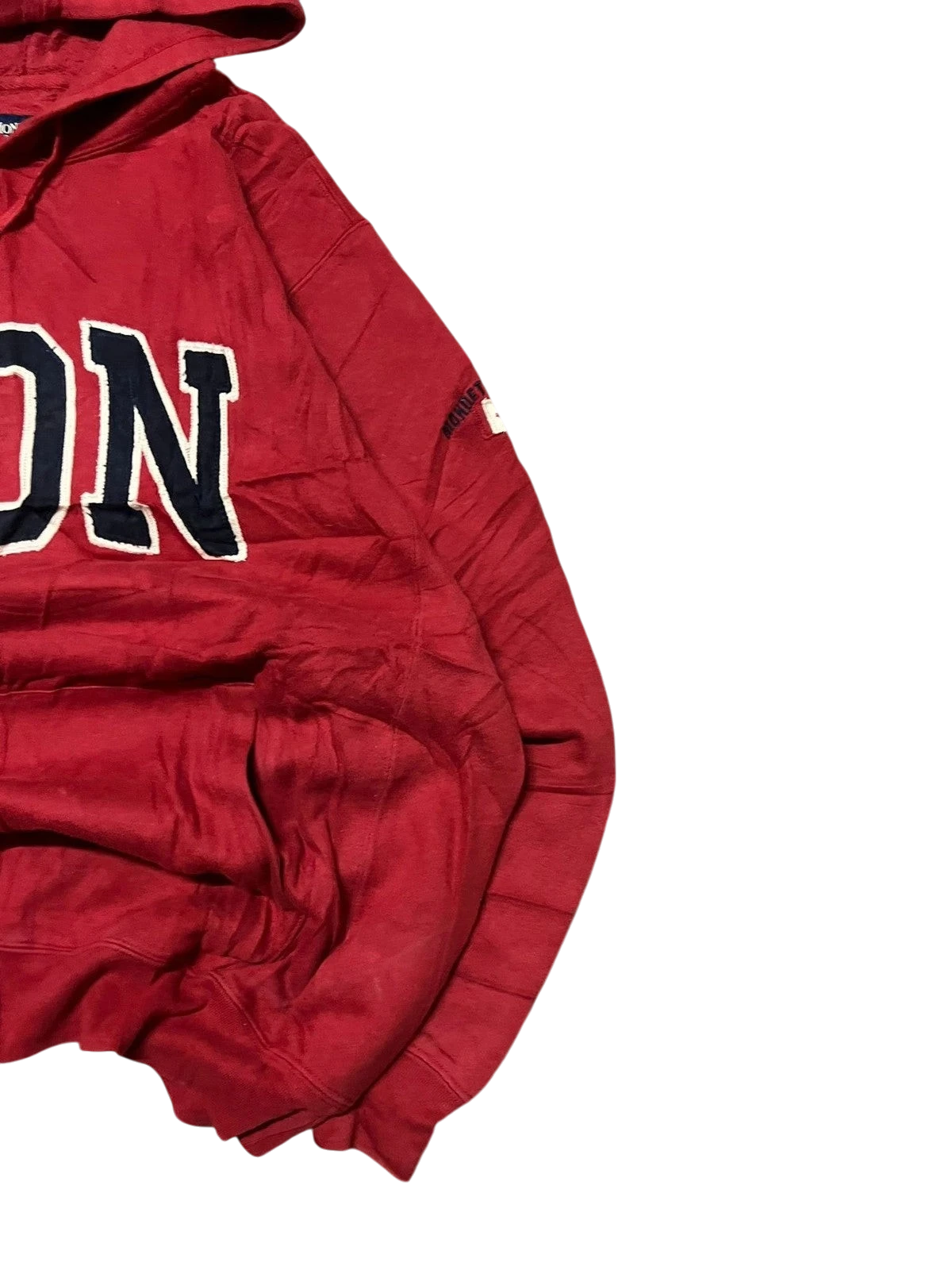 Premier Vintage red cotton blend hoodie with bold navy "CD" graphic, drawstring hood, and ribbed cuffs for a collegiate style.
