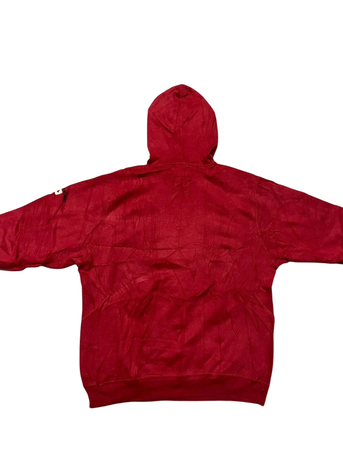 Premier Vintage red cotton blend hoodie with "CD" graphic, drawstring hood, and ribbed cuffs.