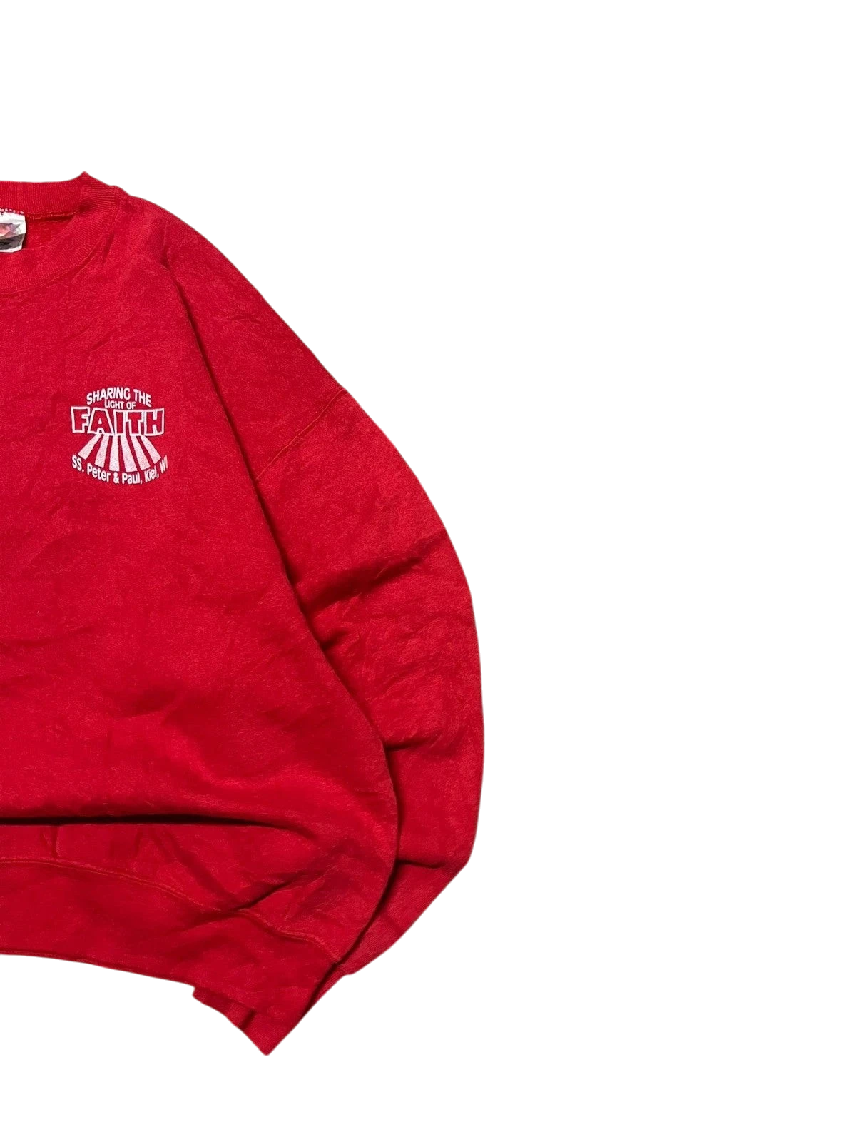 Premier Vintage red cotton blend crewneck sweatshirt with "Sharing the Faith" graphic print and ribbed cuffs.