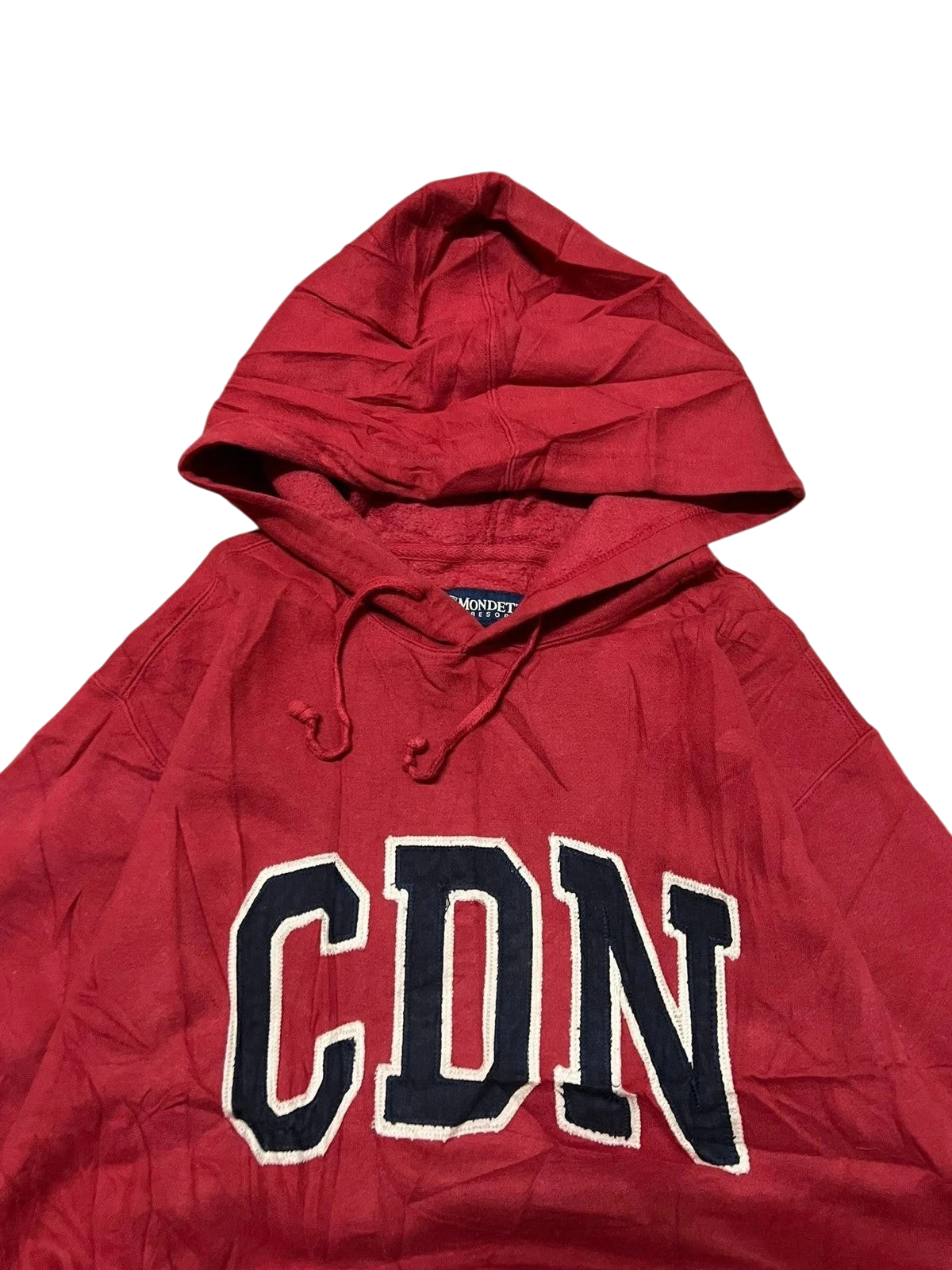 Premier Vintage red cotton blend hoodie with "CDN" graphic, drawstring hood, and ribbed cuffs for a collegiate style.