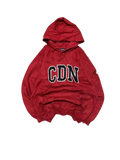 Premier Vintage red cotton blend hoodie with "CDN" graphic, drawstring hood, and ribbed cuffs. Classic collegiate style.