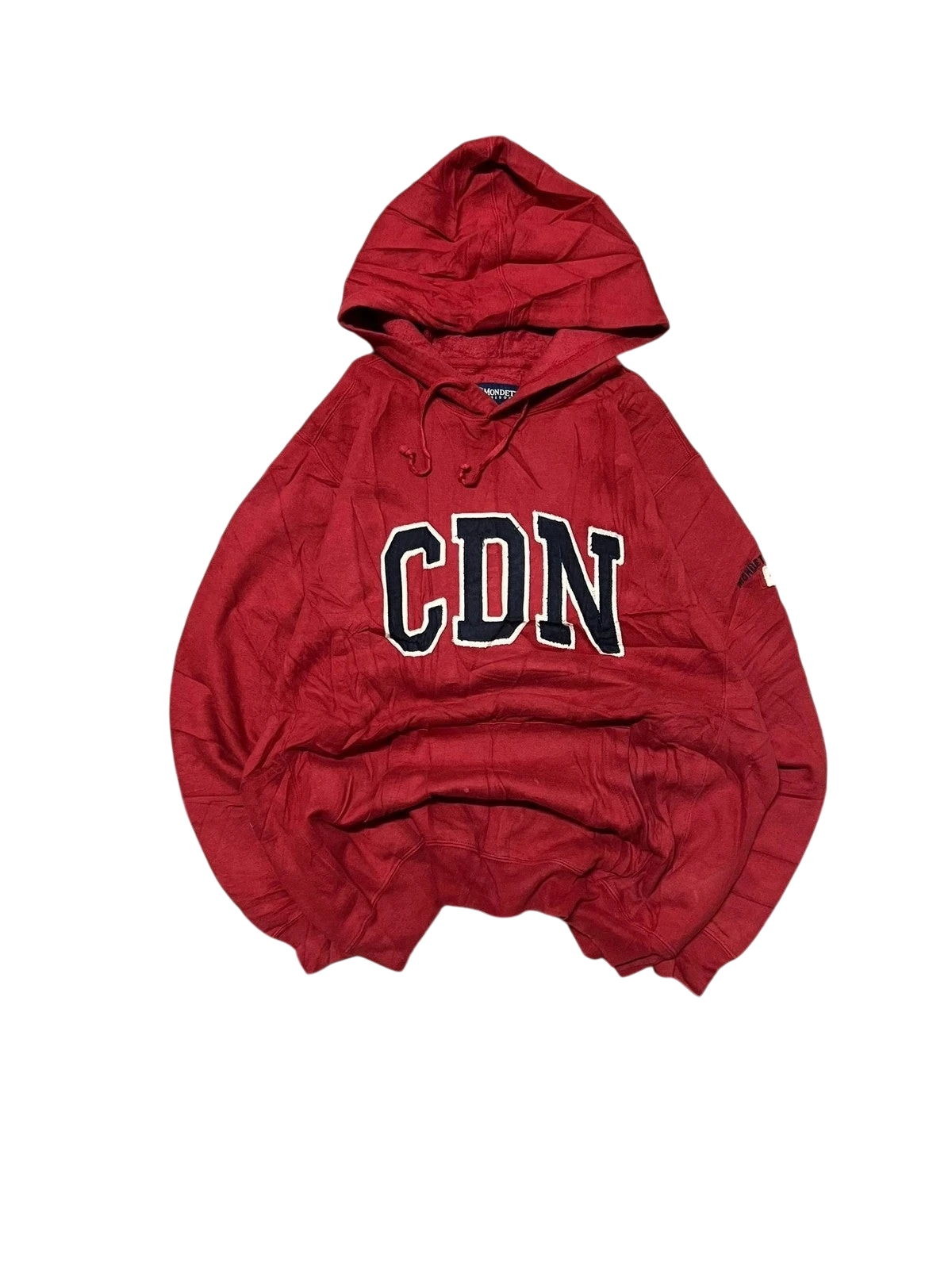 Premier Vintage red cotton blend hoodie with "CDN" graphic, drawstring hood, and ribbed cuffs. Classic collegiate style.