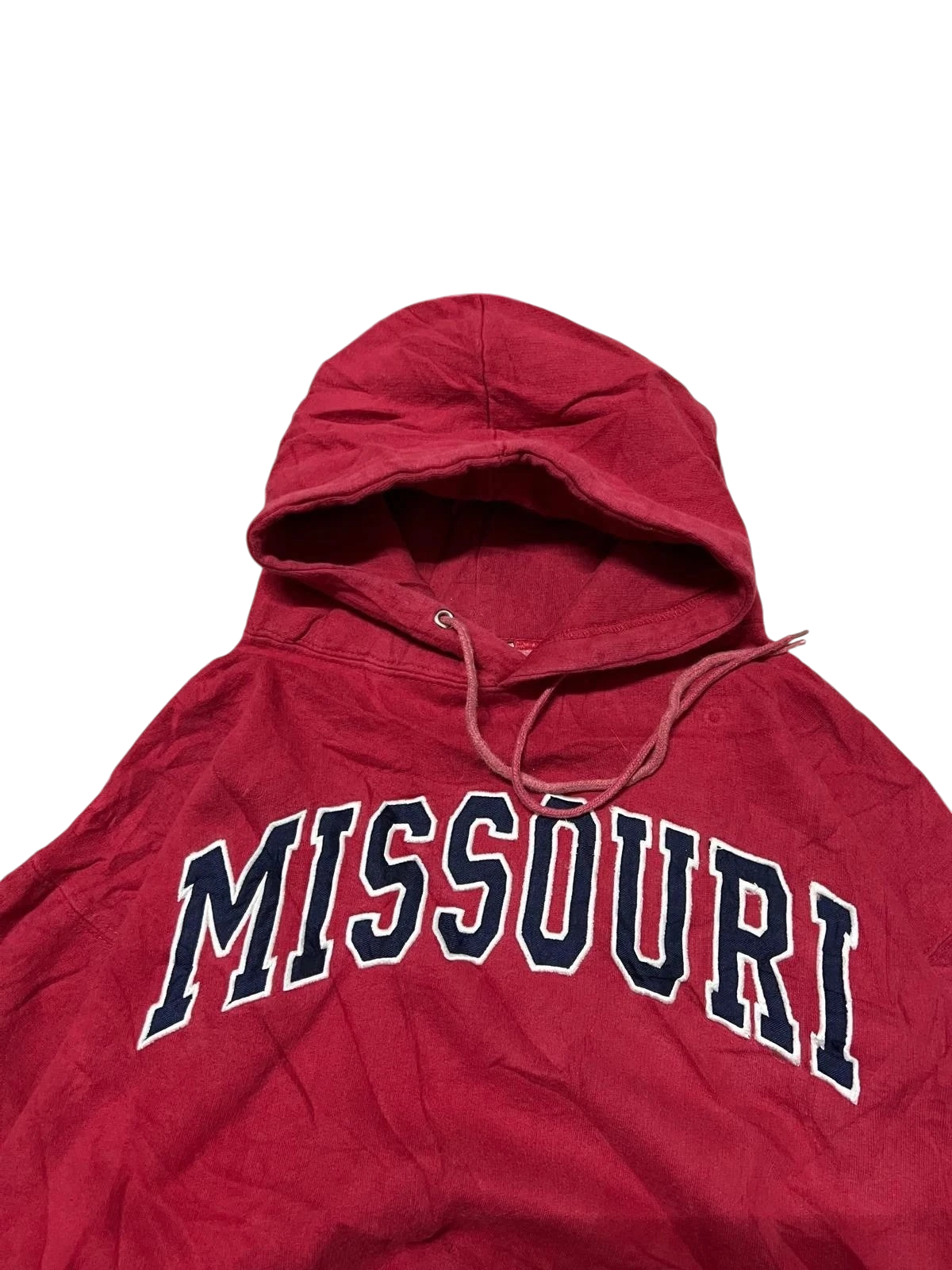 Premier Vintage red cotton blend hoodie with navy blue "Missouri" text and white trim. Features a hood and kangaroo pocket.